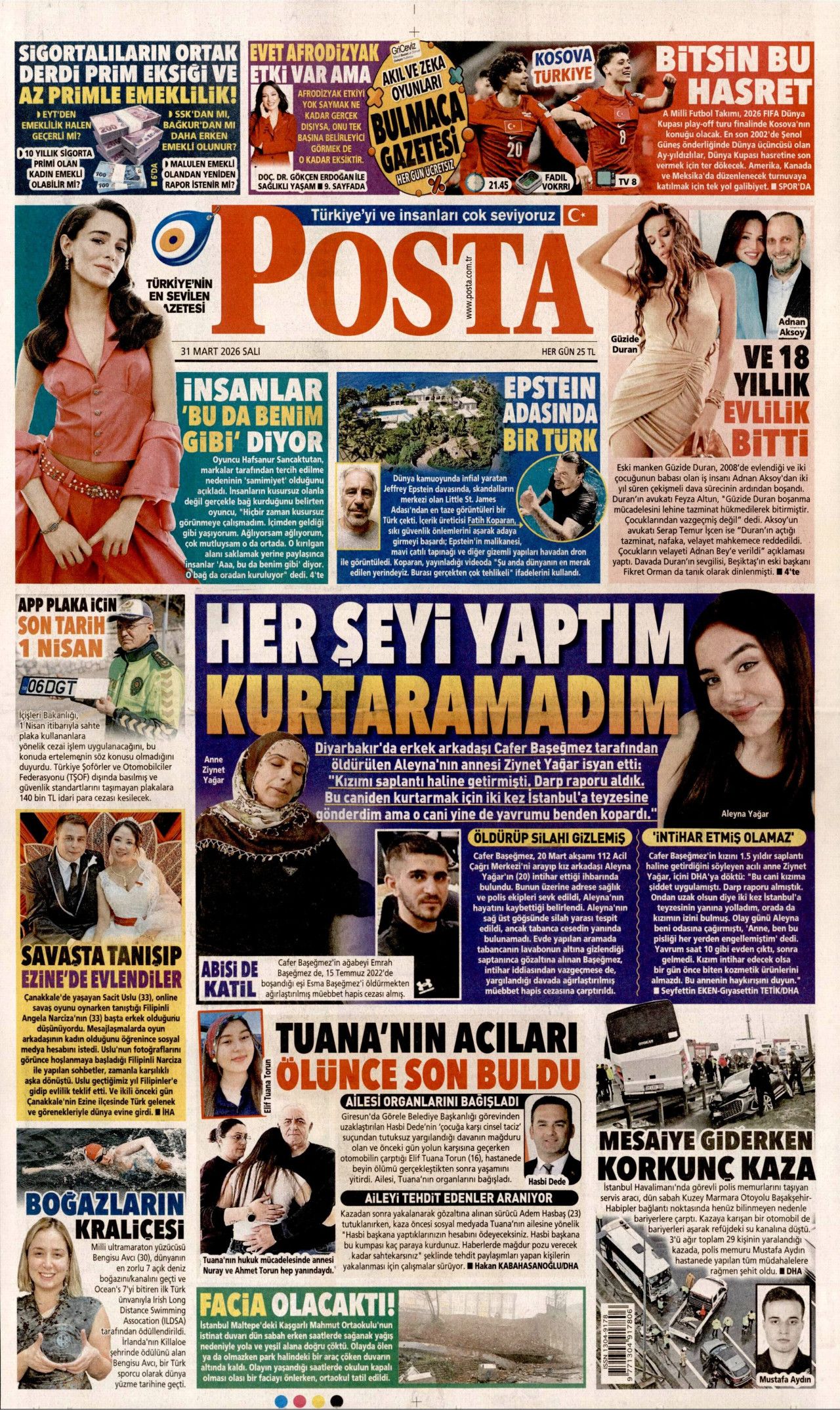 POSTA gazetesinin 31 Mart 2026 tarihli birinci sayfası