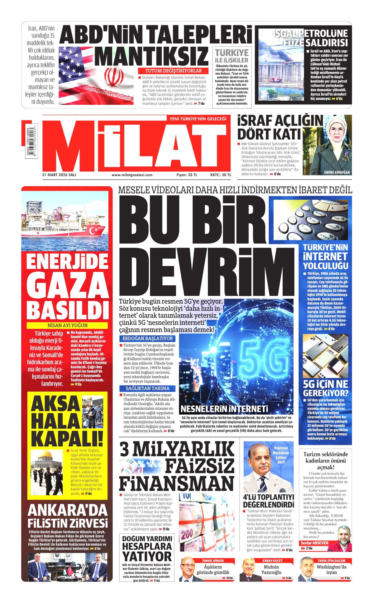 MİLAT gazetesinin 31 Mart 2026 tarihli birinci sayfası