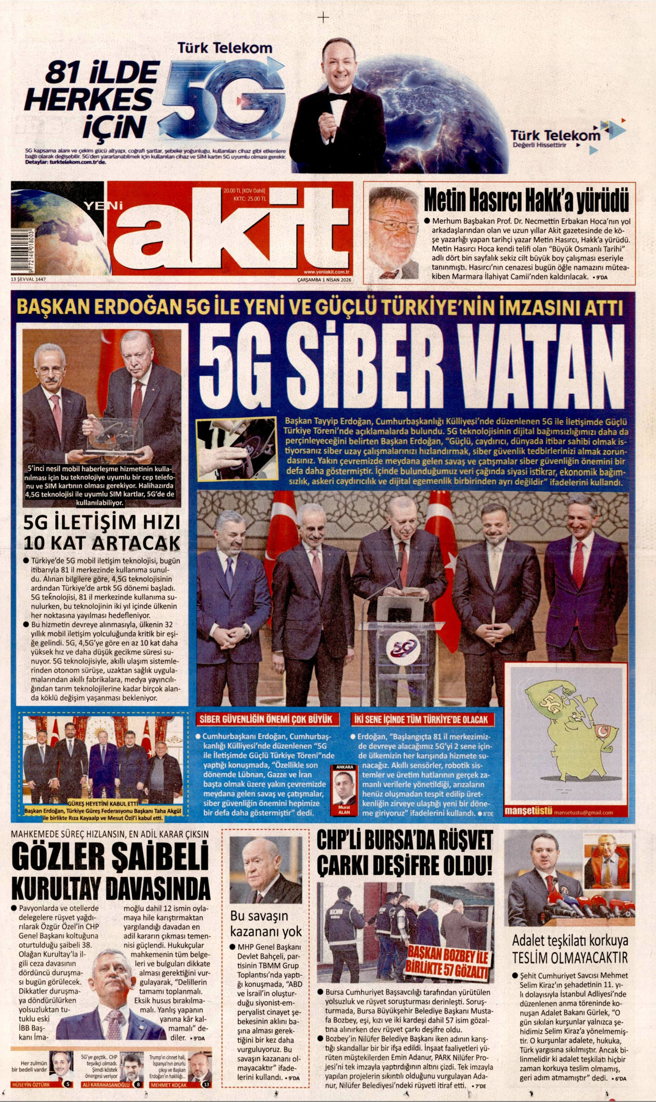 YENİ AKİT gazetesinin 1 Nisan 2026 tarihli birinci sayfası