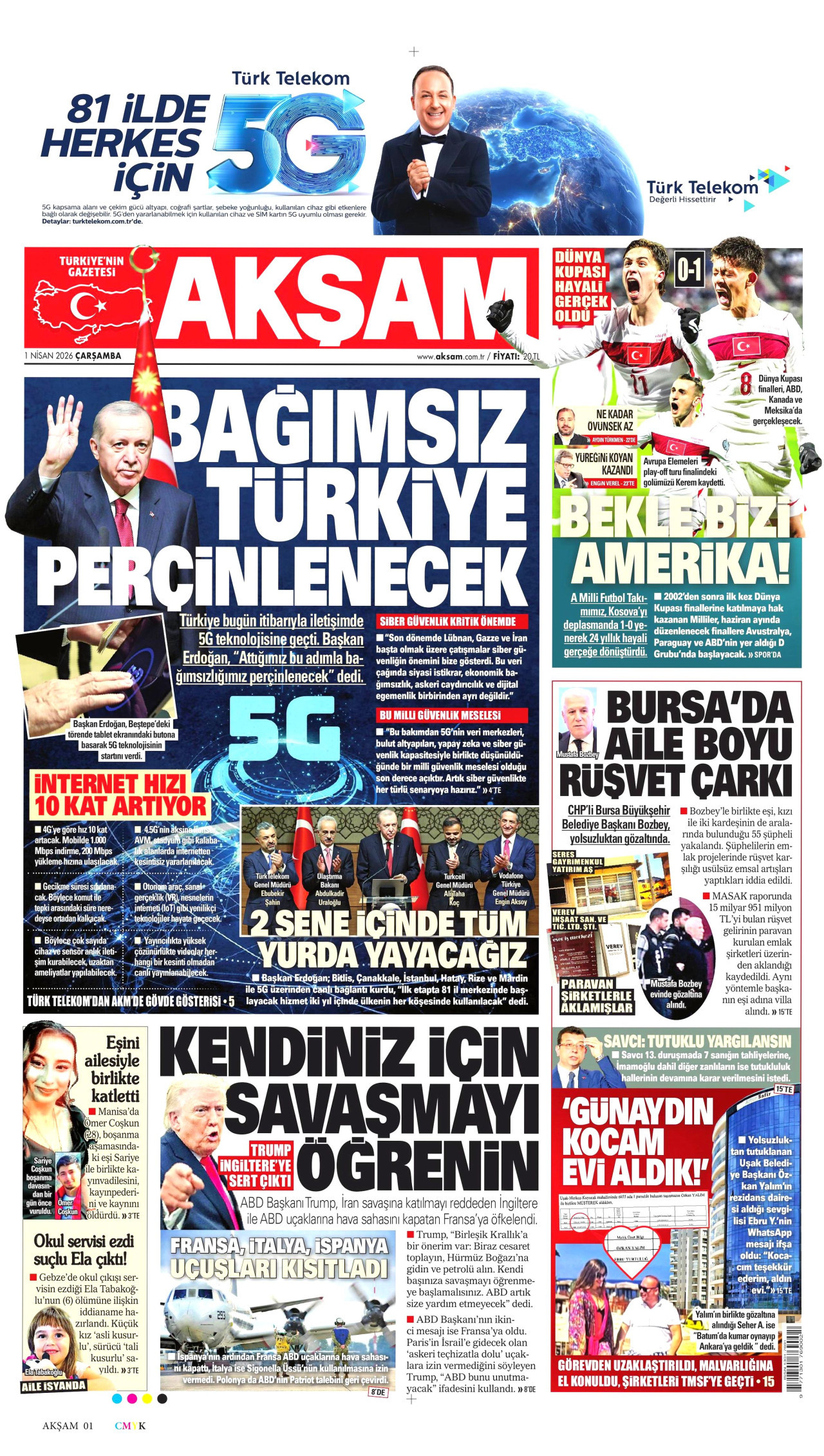 AKŞAM gazetesinin 1 Nisan 2026 tarihli birinci sayfası