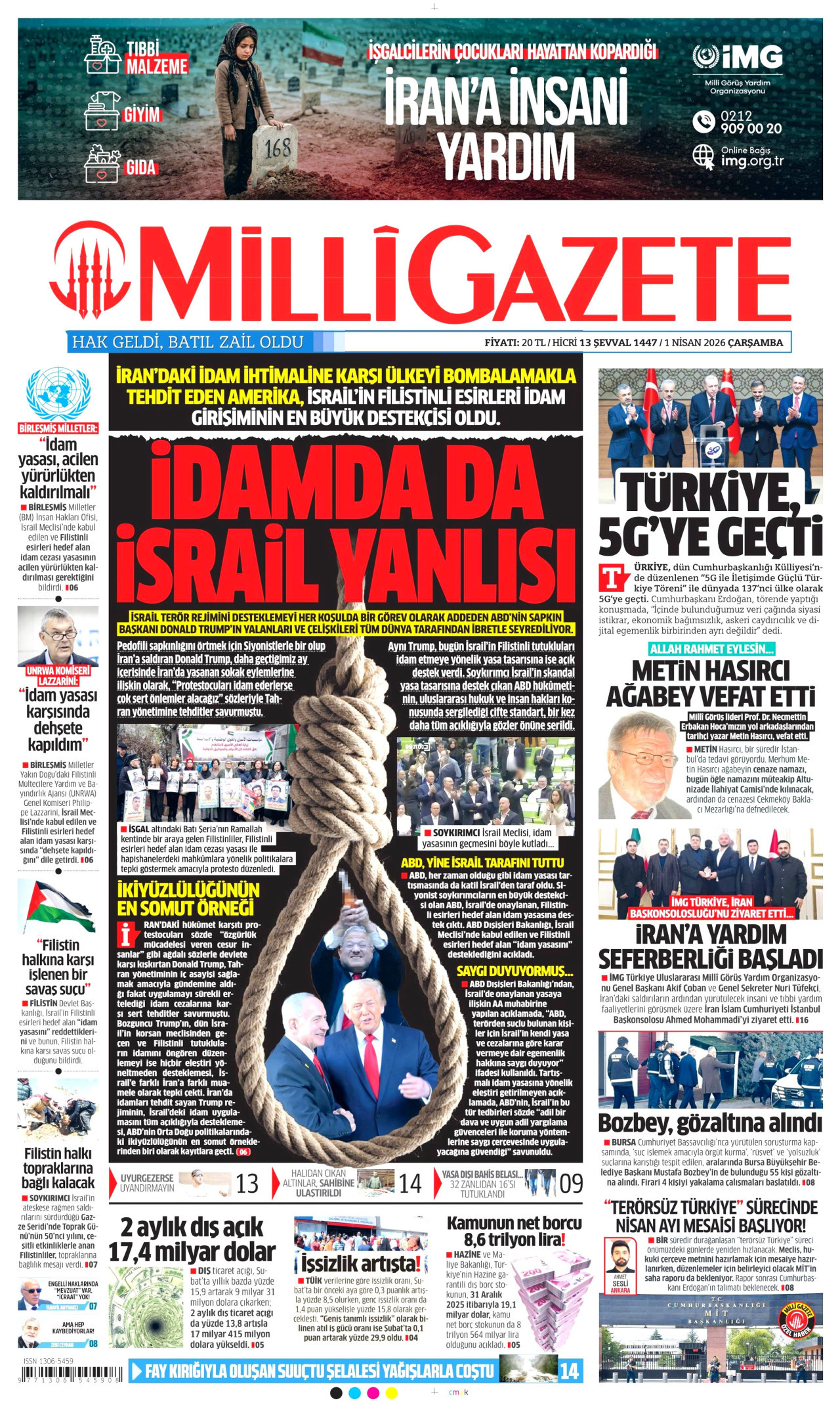 MİLLİ GAZETE gazetesinin 1 Nisan 2026 tarihli birinci sayfası