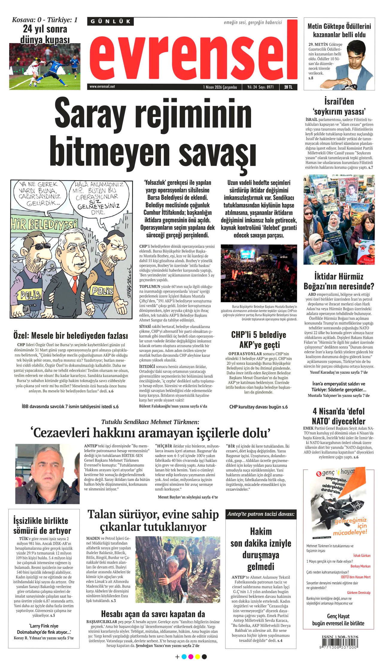 EVRENSEL gazetesinin 1 Nisan 2026 tarihli birinci sayfası