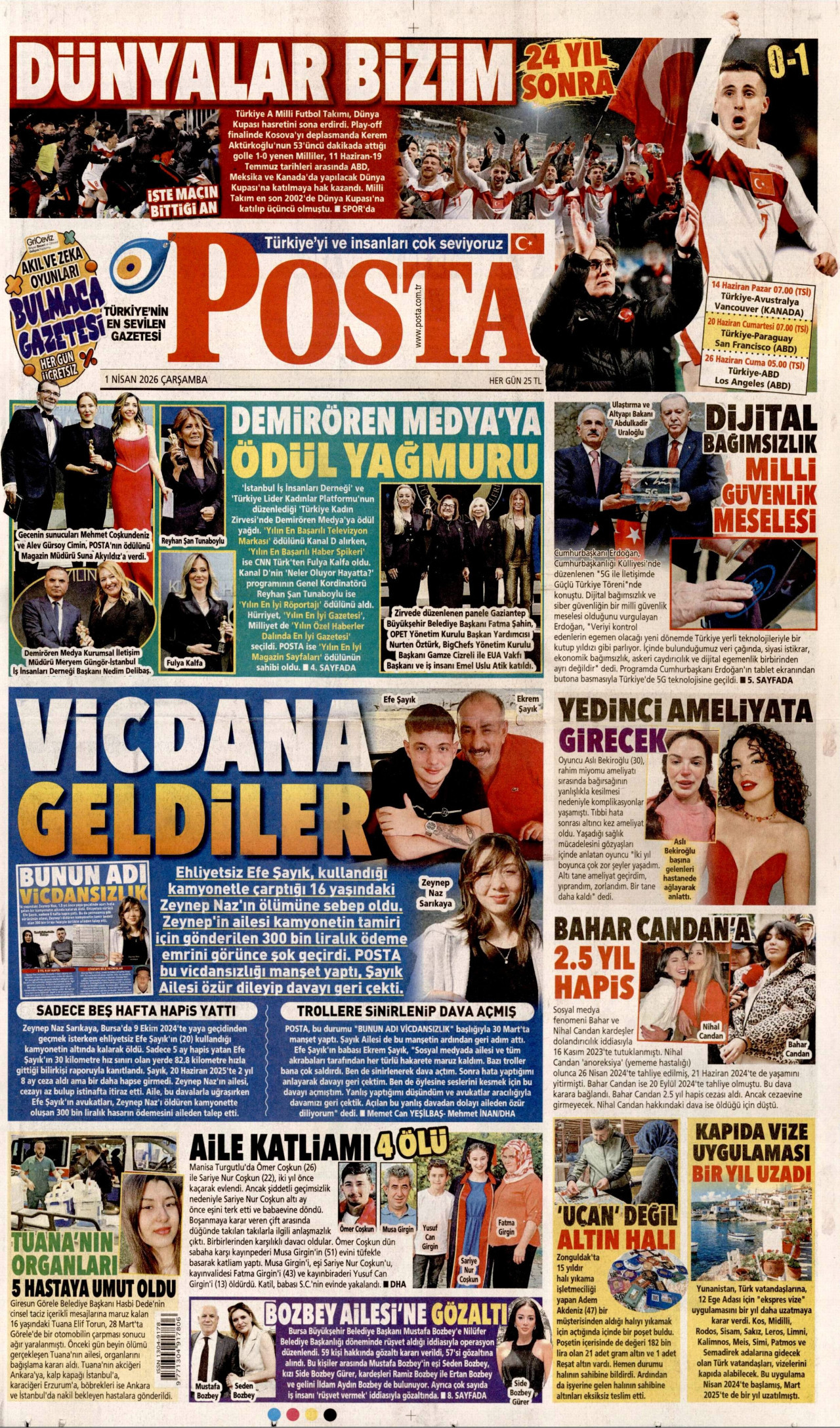POSTA gazetesinin 1 Nisan 2026 tarihli birinci sayfası
