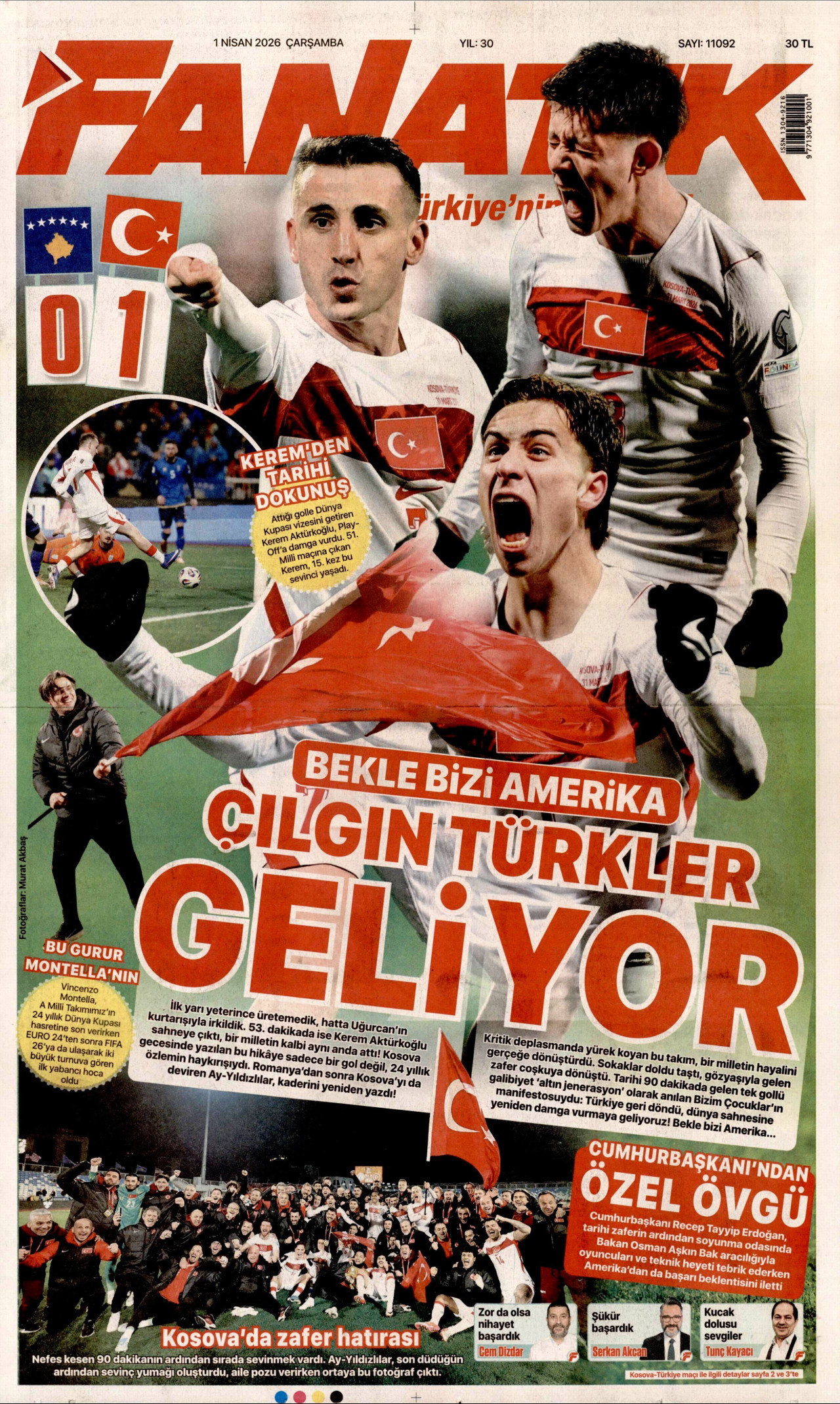 FANATİK gazetesinin 1 Nisan 2026 tarihli birinci sayfası