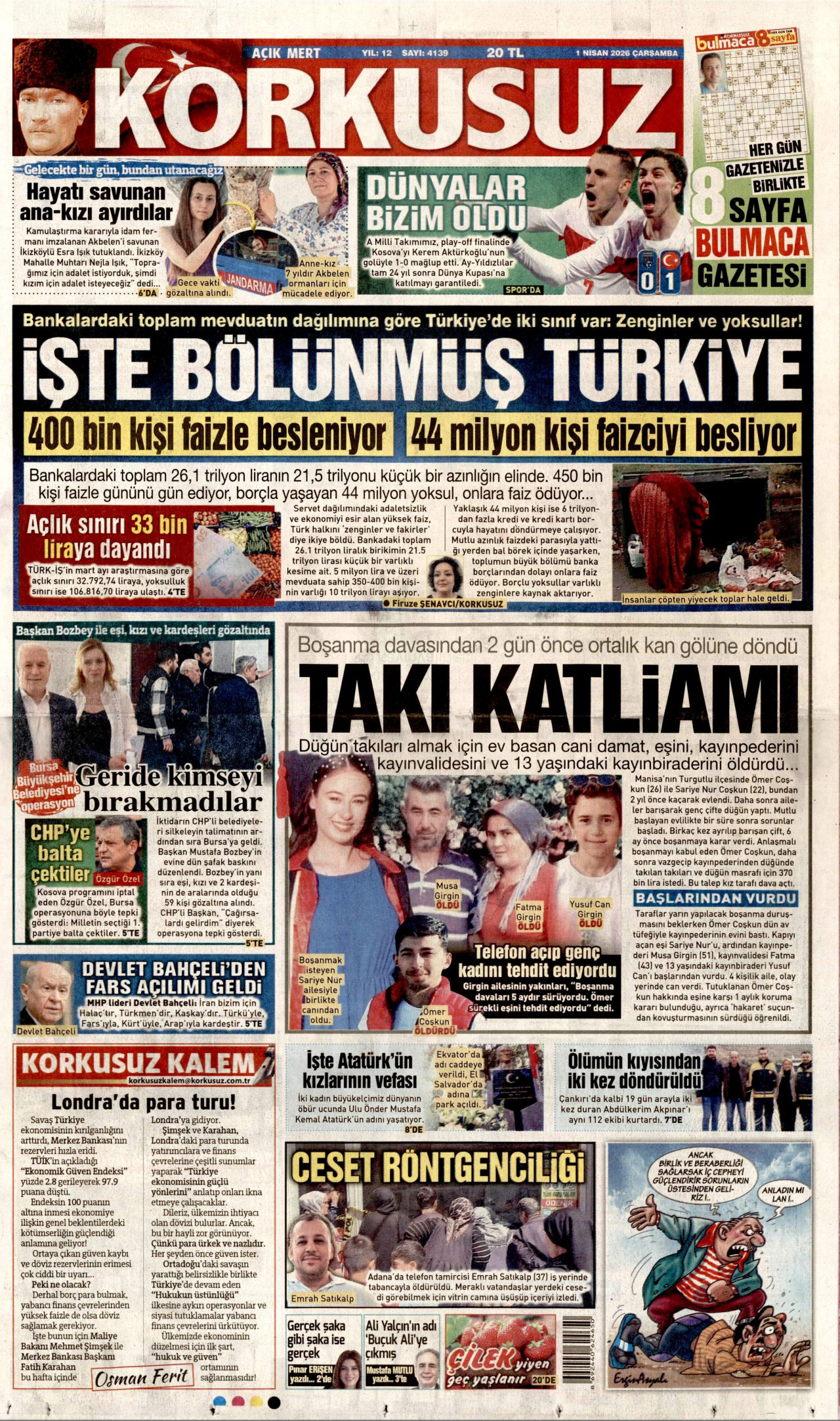 KORKUSUZ gazetesinin 1 Nisan 2026 tarihli birinci sayfası