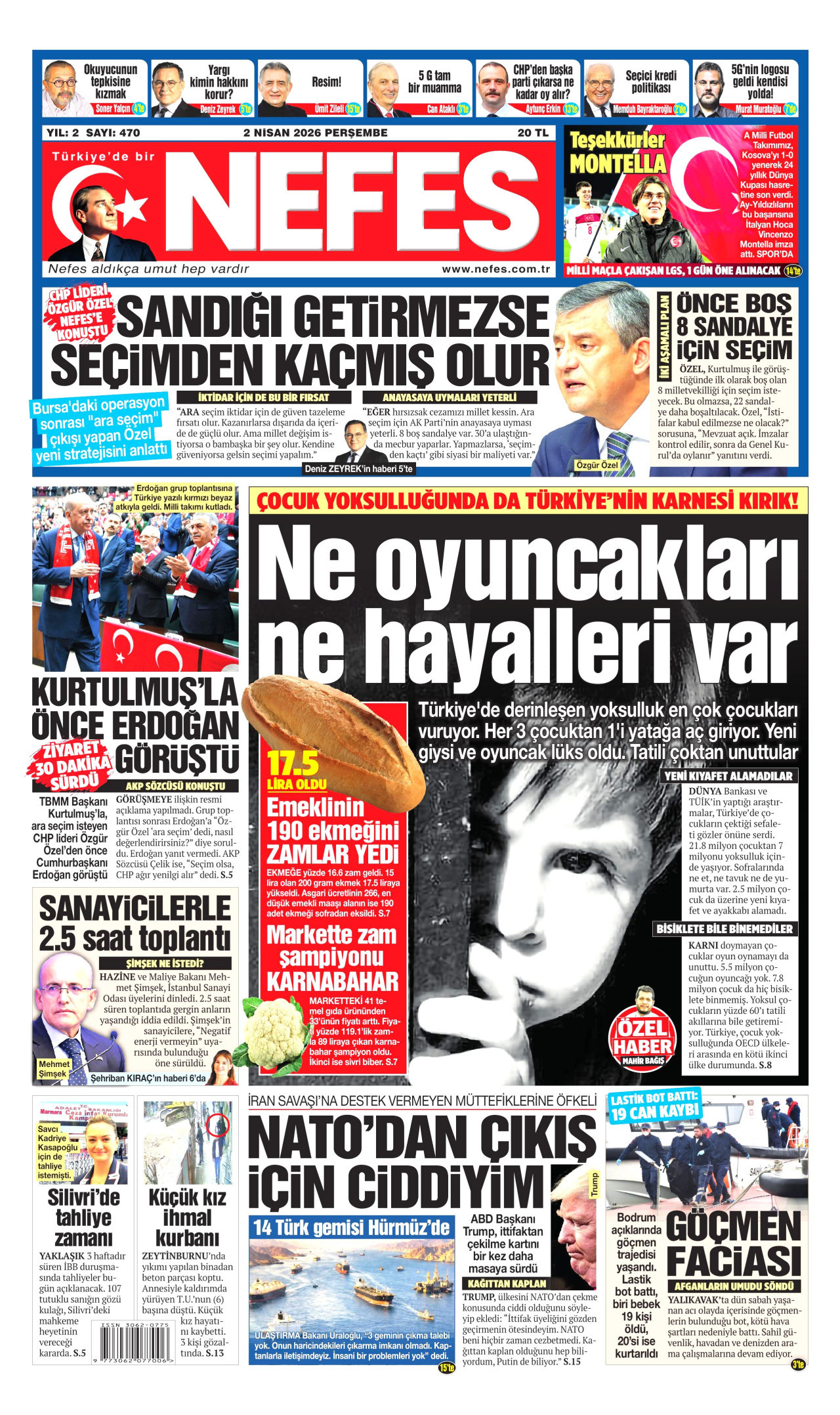 NEFES gazetesinin 2 Nisan 2026 tarihli birinci sayfası