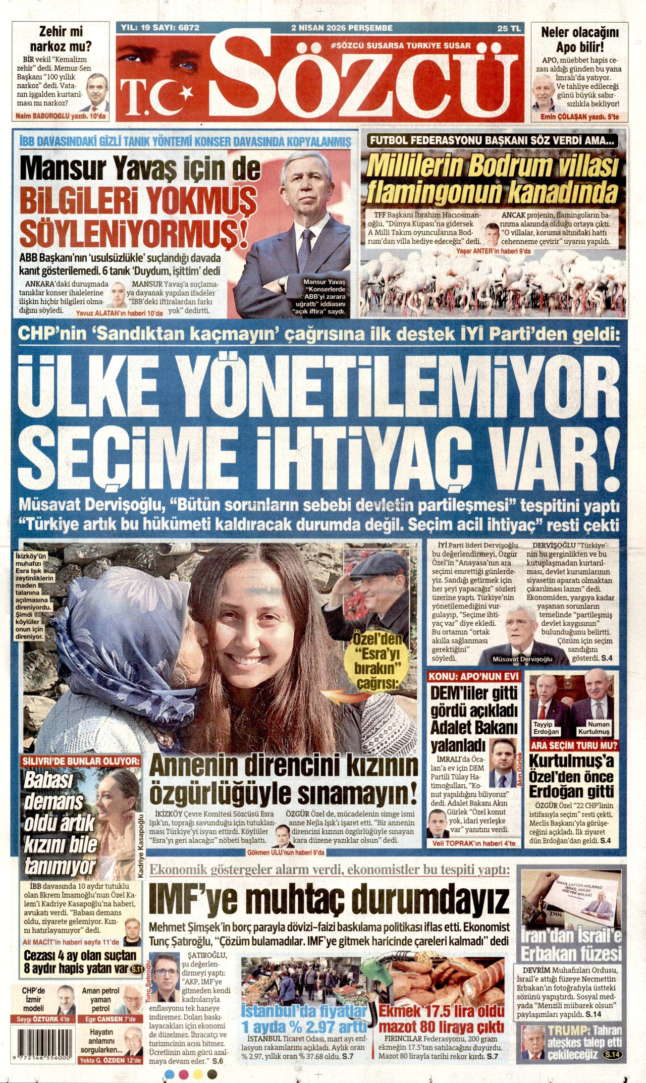 SÖZCÜ gazetesinin 2 Nisan 2026 tarihli birinci sayfası