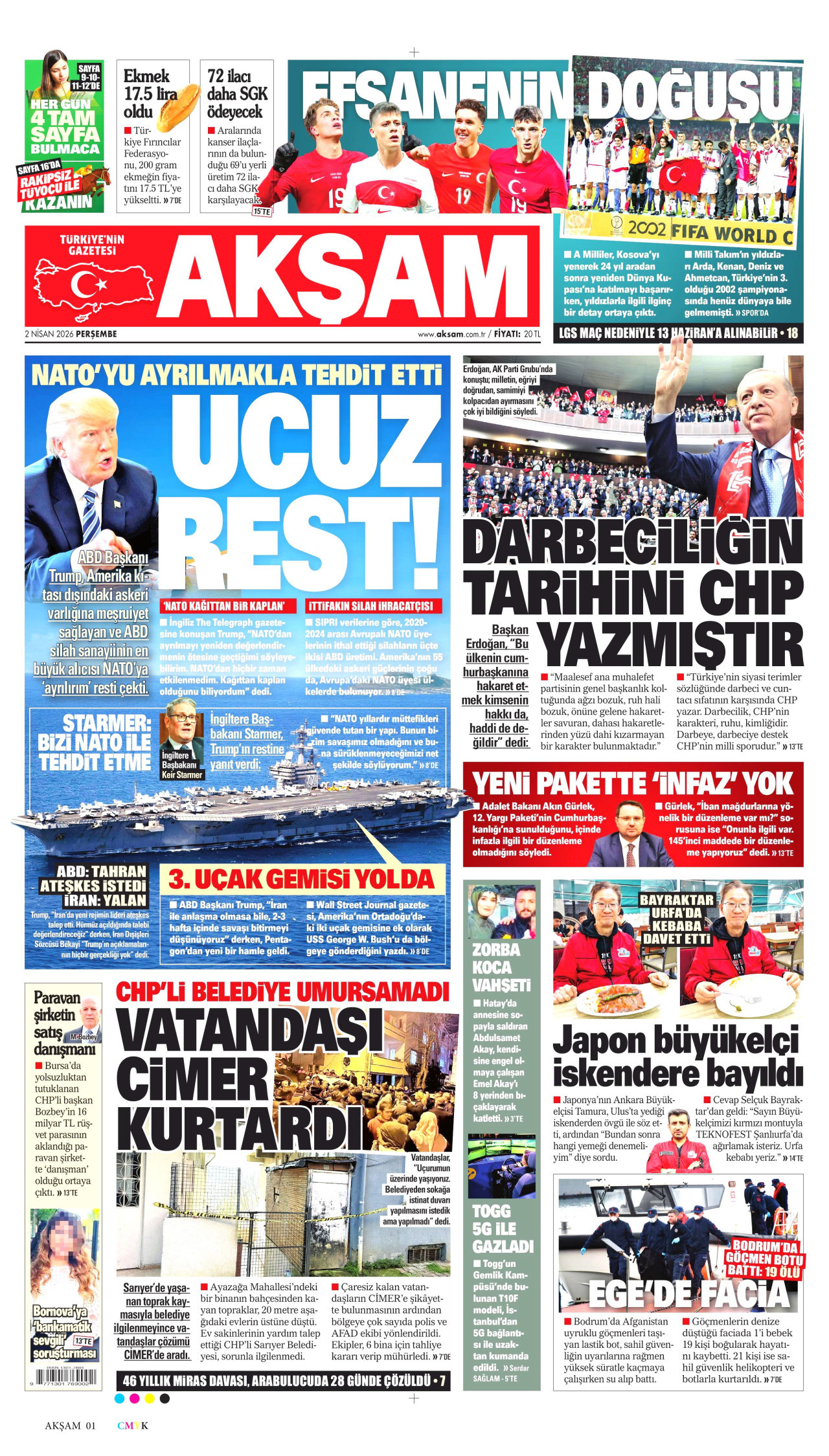 AKŞAM gazetesinin 2 Nisan 2026 tarihli birinci sayfası