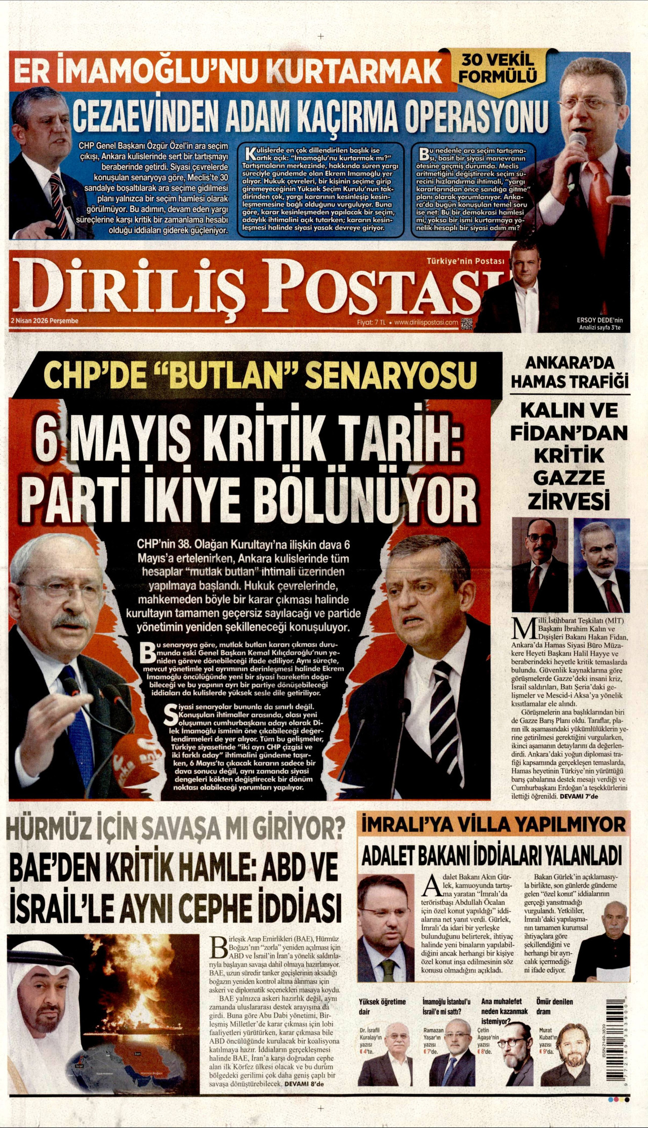 DİRİLİŞ POSTASI gazetesinin 2 Nisan 2026 tarihli birinci sayfası