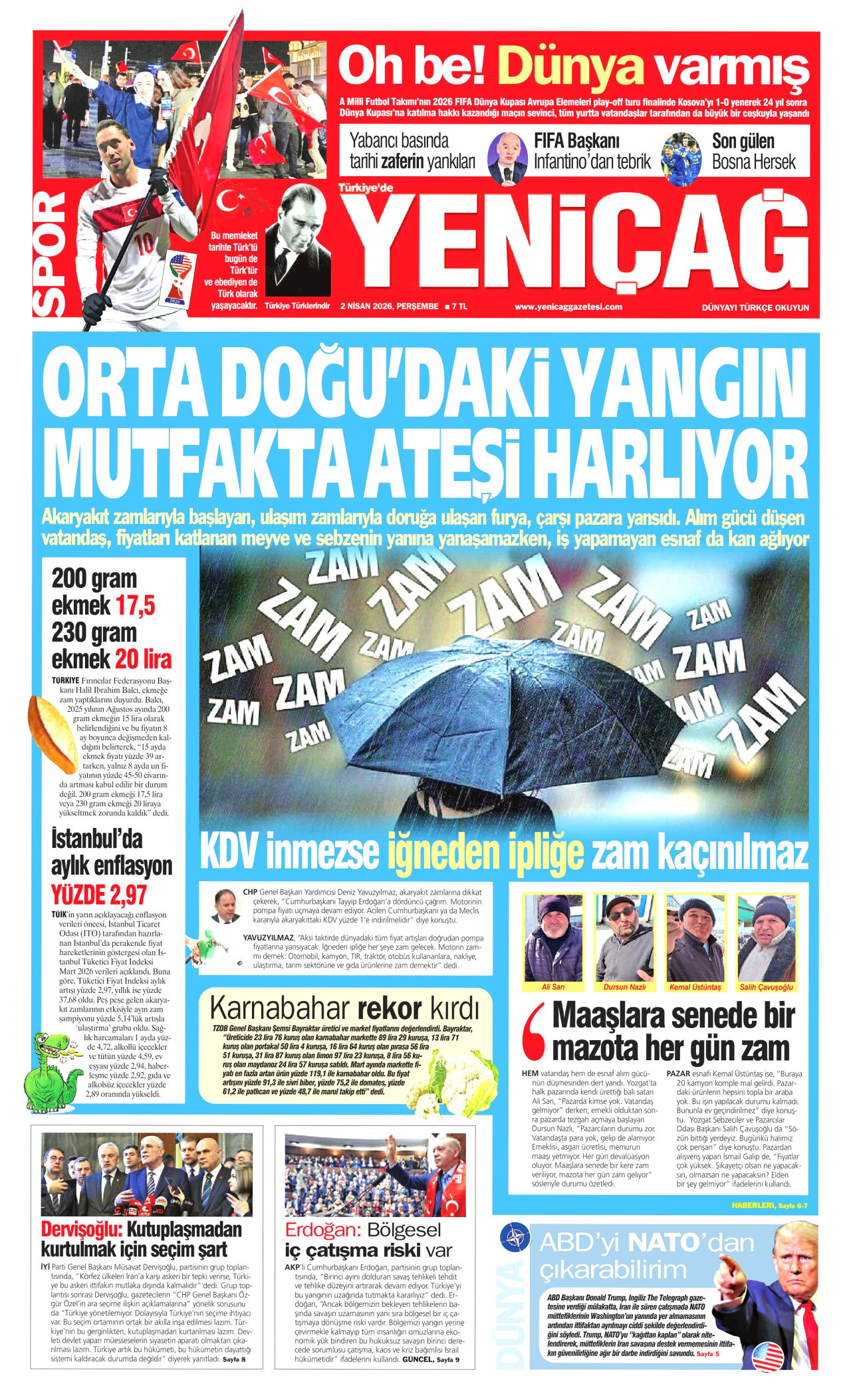 YENİÇAĞ gazetesinin 2 Nisan 2026 tarihli birinci sayfası