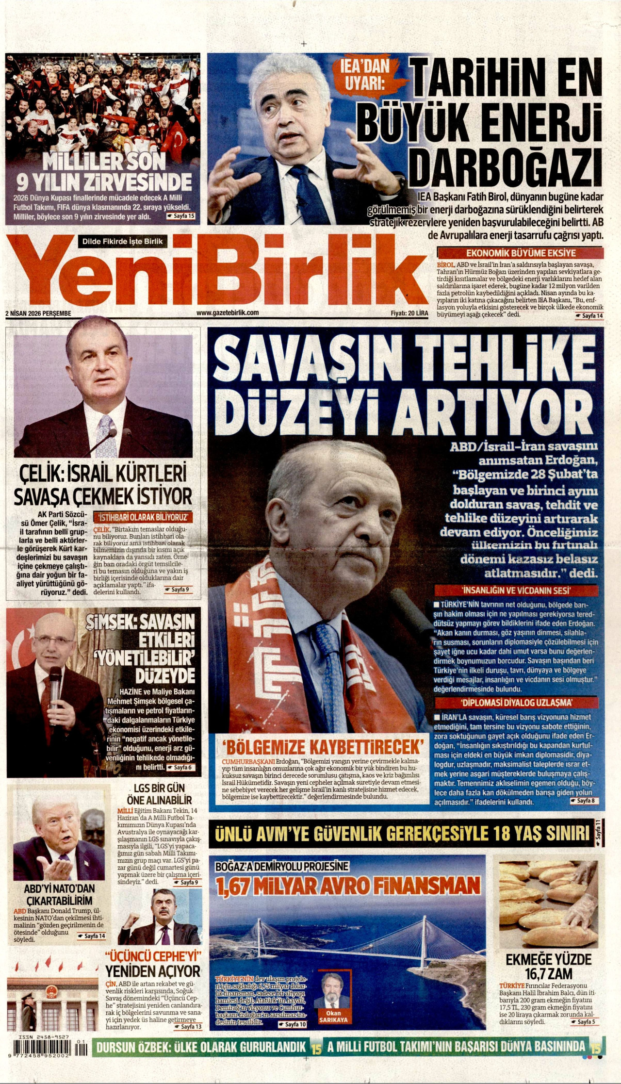 YENİBİRLİK gazetesinin 2 Nisan 2026 tarihli birinci sayfası