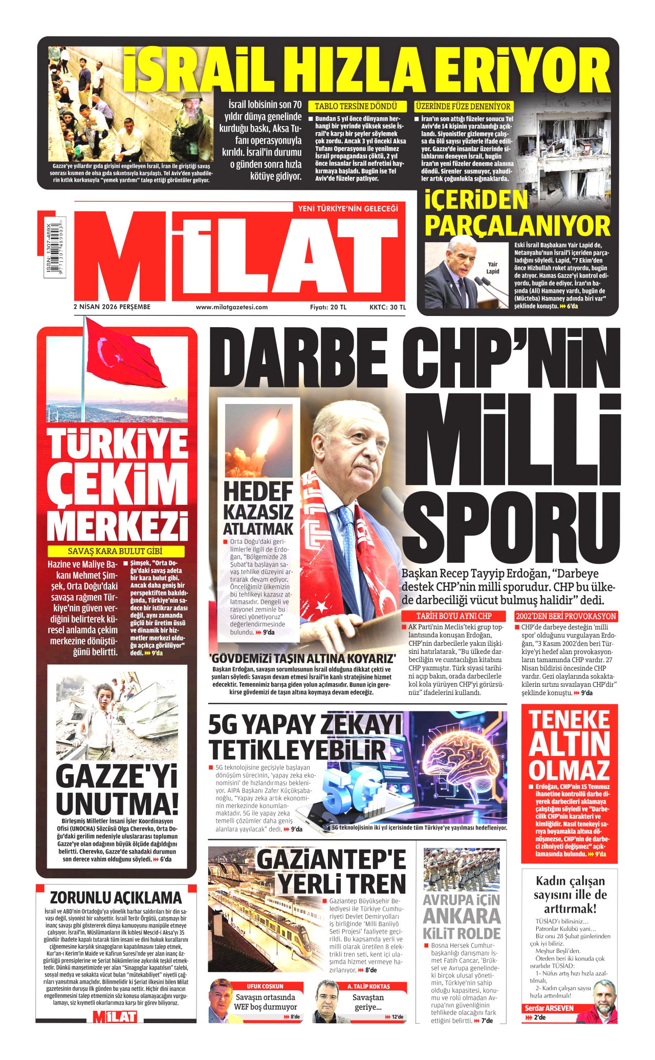MİLAT gazetesinin 2 Nisan 2026 tarihli birinci sayfası