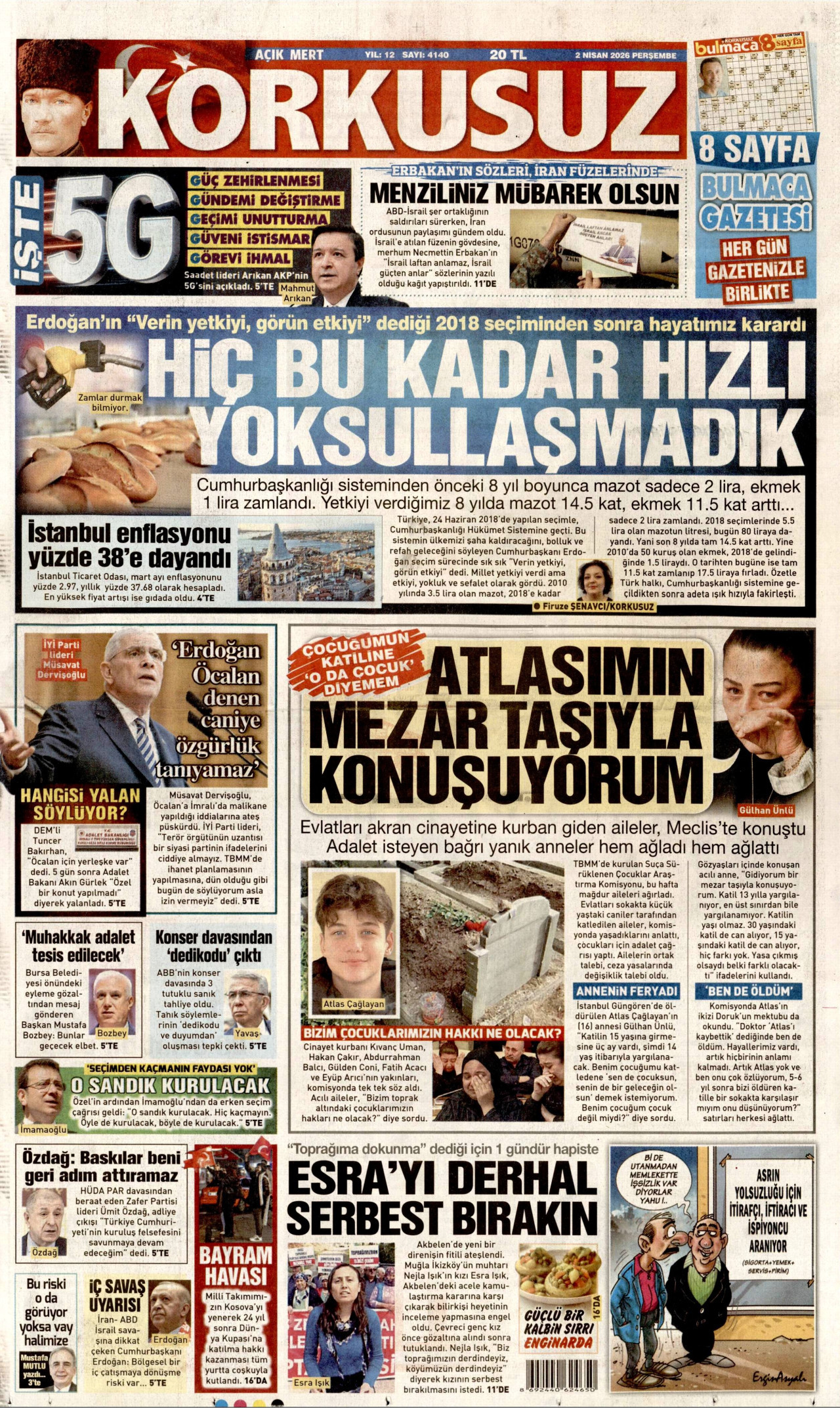 KORKUSUZ gazetesinin 2 Nisan 2026 tarihli birinci sayfası