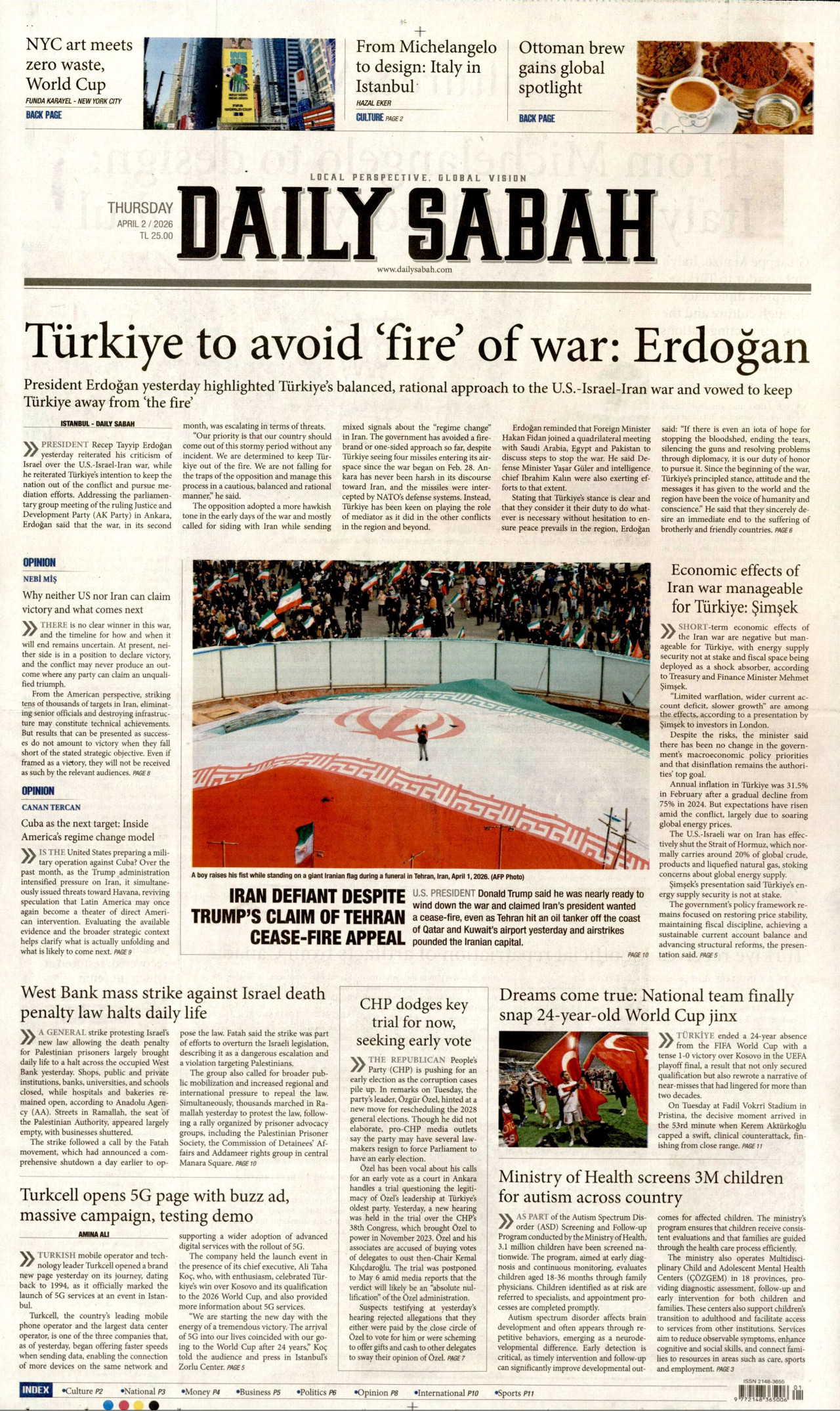 DAİLY SABAH gazetesinin 2 Nisan 2026 tarihli birinci sayfası