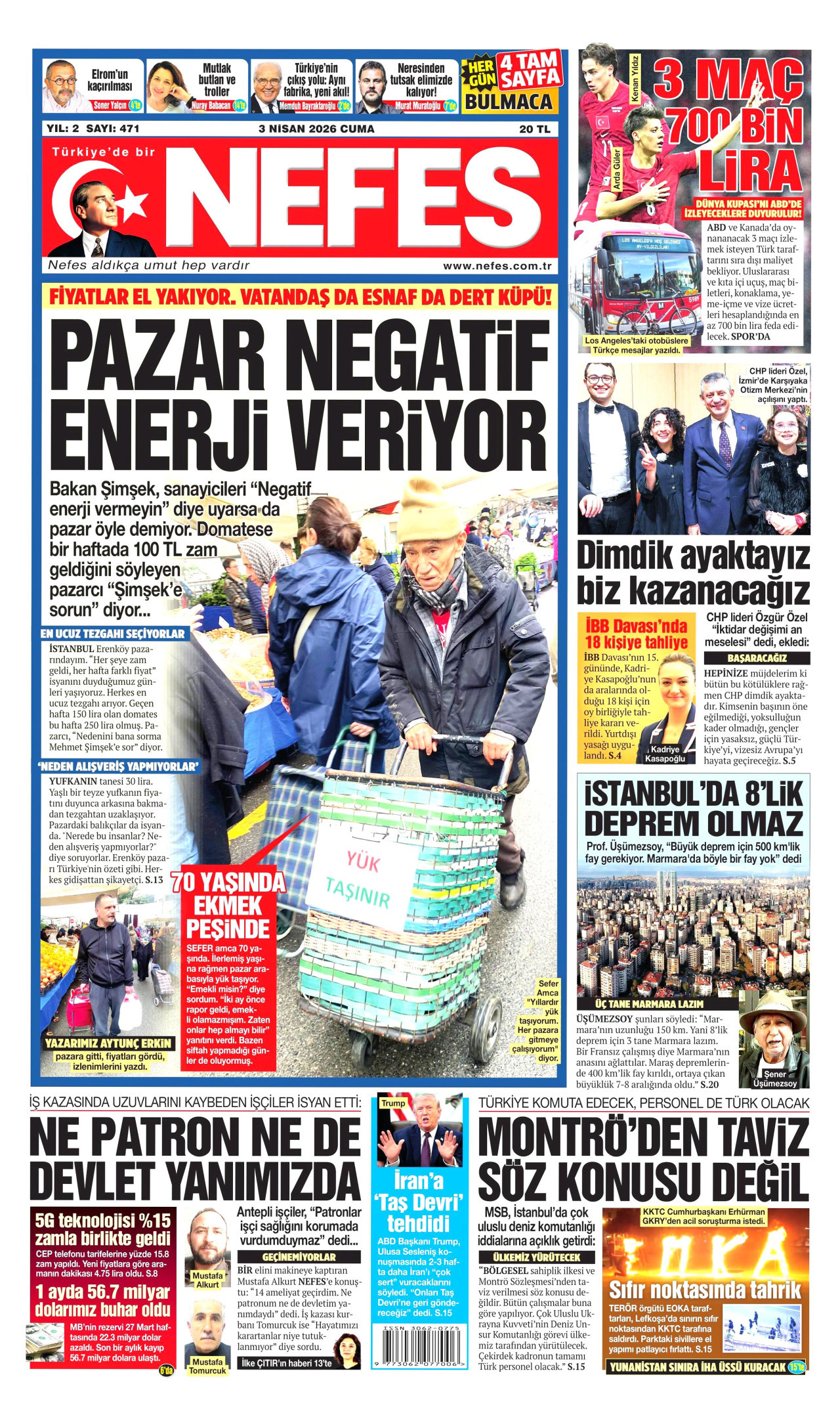 NEFES gazetesinin 3 Nisan 2026 tarihli birinci sayfası