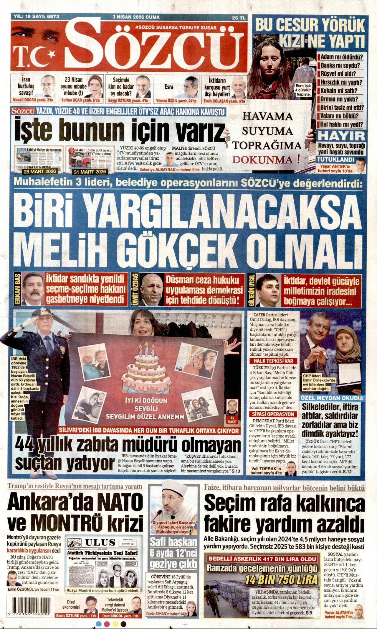 SÖZCÜ gazetesinin 3 Nisan 2026 tarihli birinci sayfası