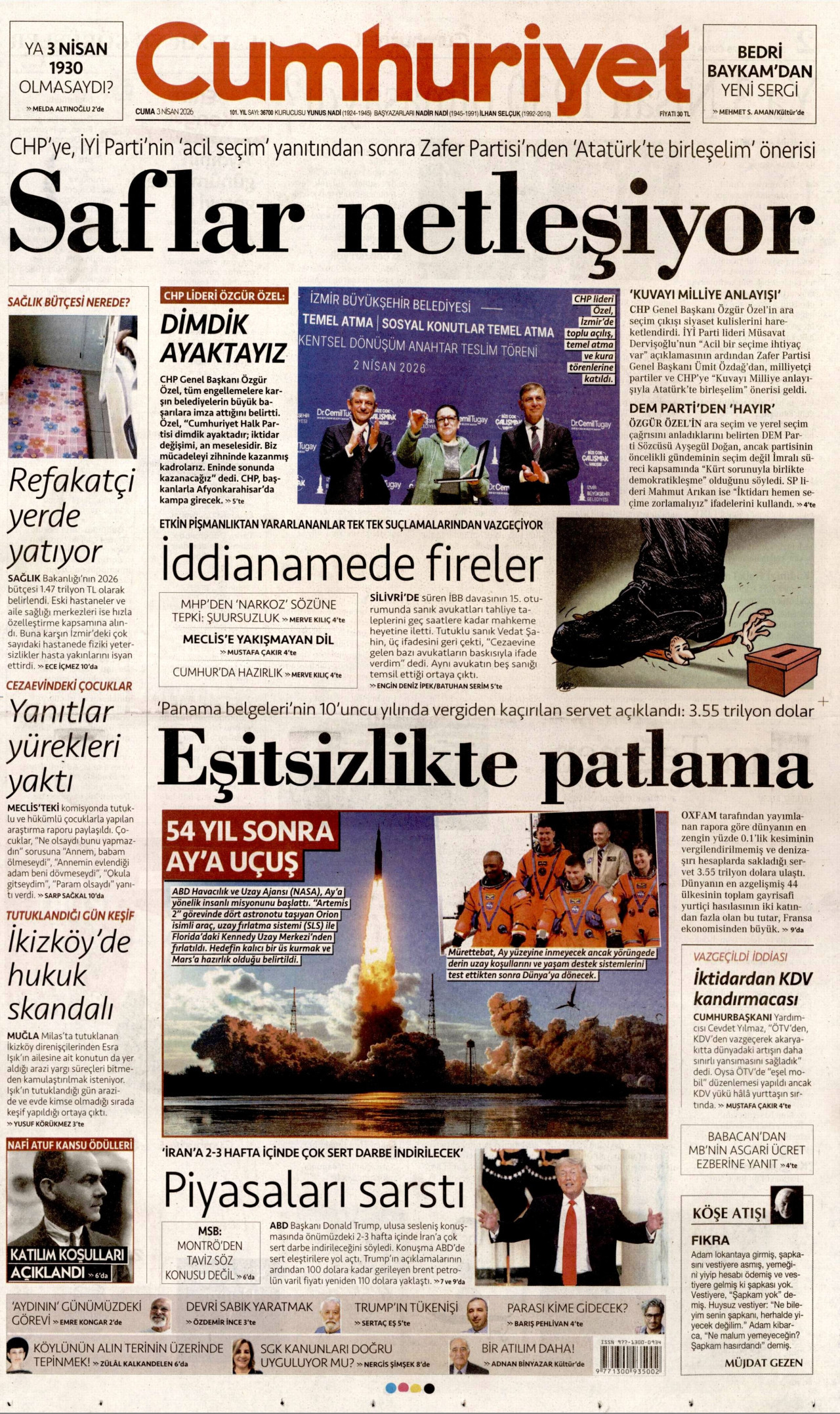 CUMHURİYET gazetesinin 3 Nisan 2026 tarihli birinci sayfası