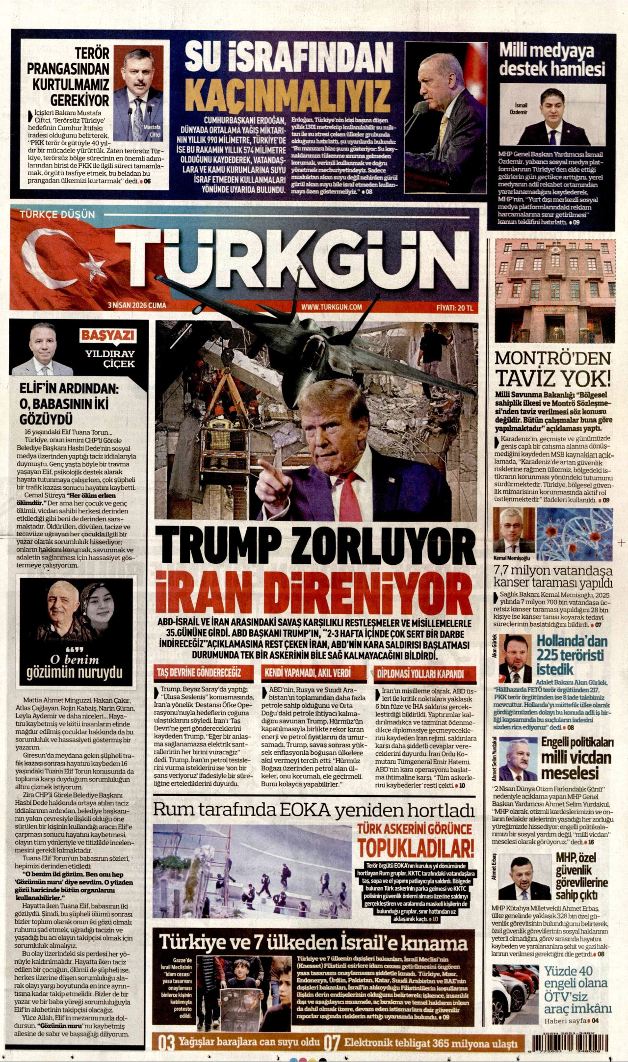 TÜRKGÜN gazetesinin 3 Nisan 2026 tarihli birinci sayfası
