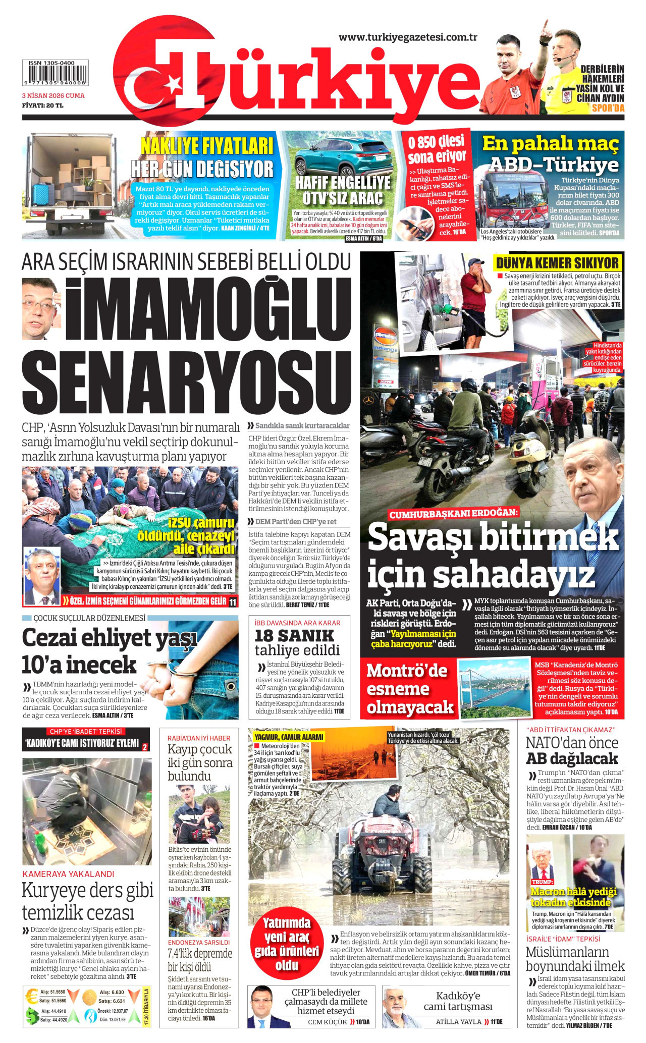 TÜRKİYE GAZETESİ gazetesinin 3 Nisan 2026 tarihli birinci sayfası