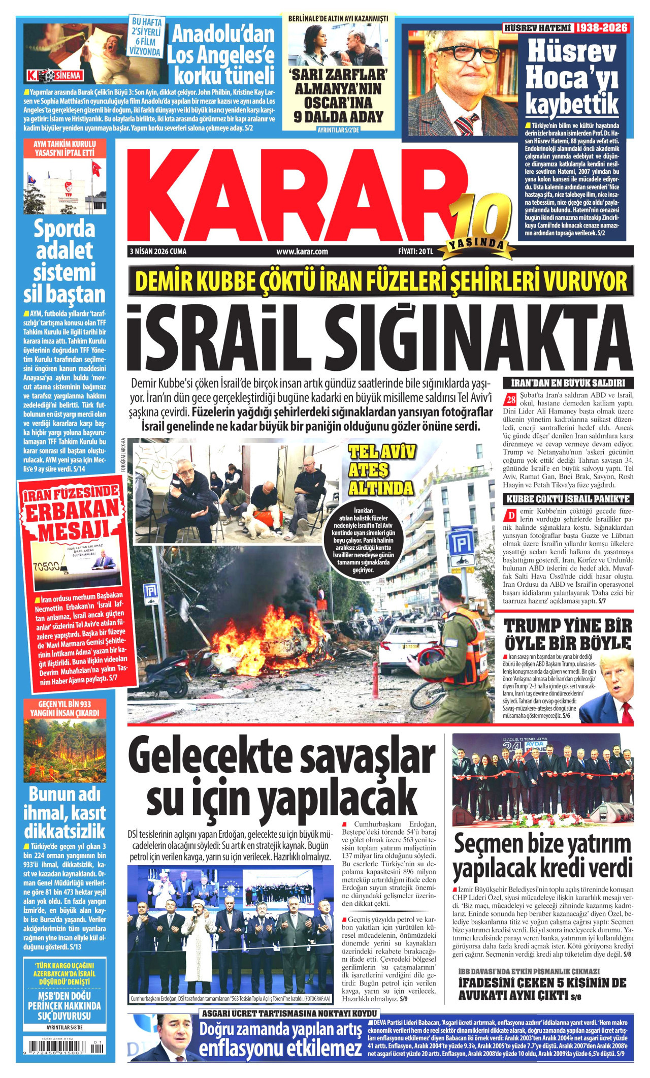 KARAR gazetesinin 3 Nisan 2026 tarihli birinci sayfası