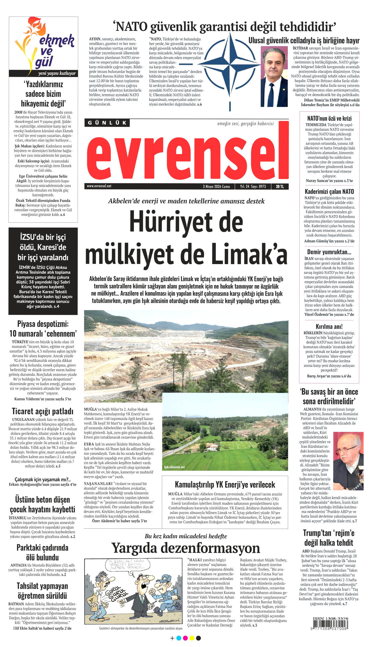 EVRENSEL gazetesinin 3 Nisan 2026 tarihli birinci sayfası