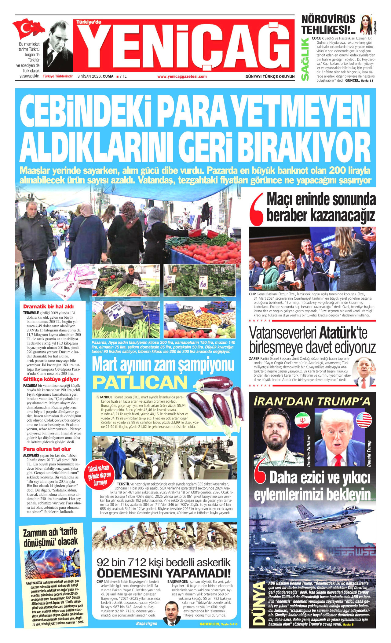 YENİÇAĞ gazetesinin 3 Nisan 2026 tarihli birinci sayfası