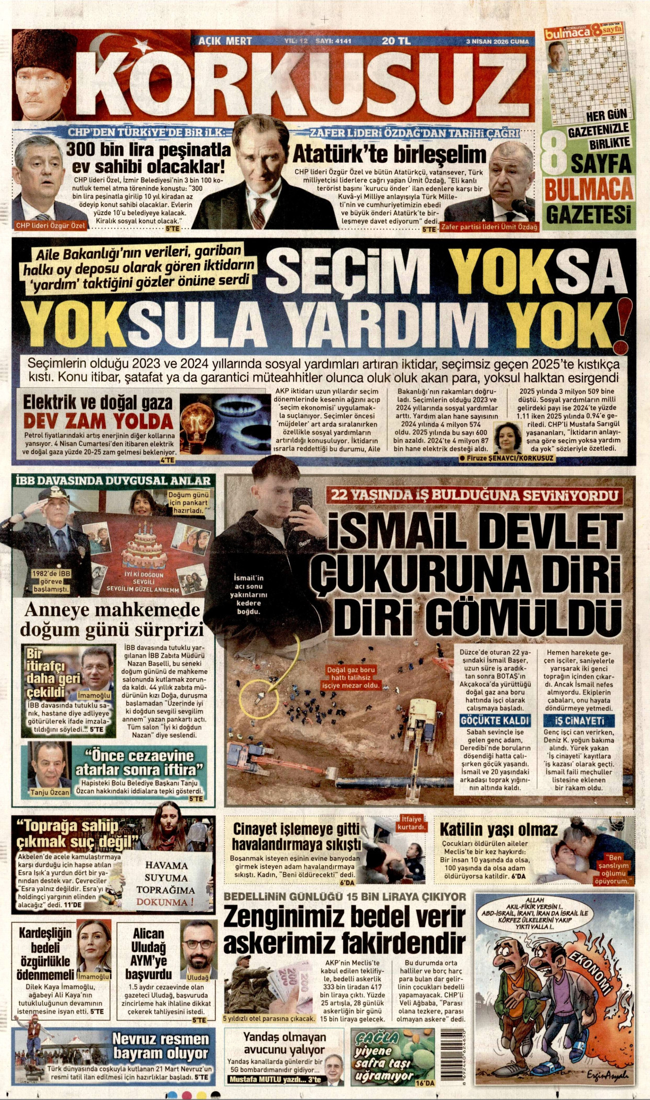 KORKUSUZ gazetesinin 3 Nisan 2026 tarihli birinci sayfası