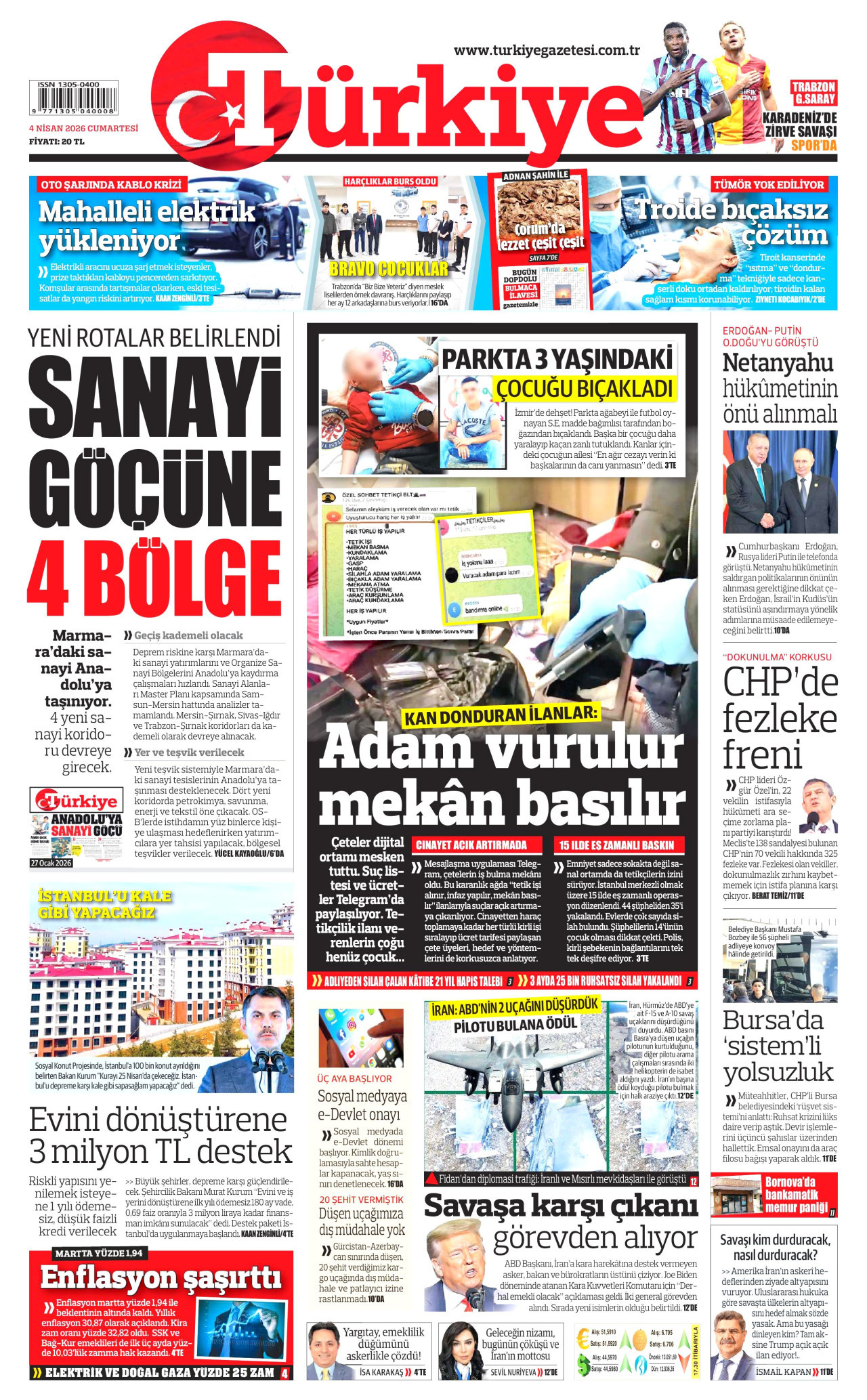 TÜRKİYE GAZETESİ gazetesinin 4 Nisan 2026 tarihli birinci sayfası