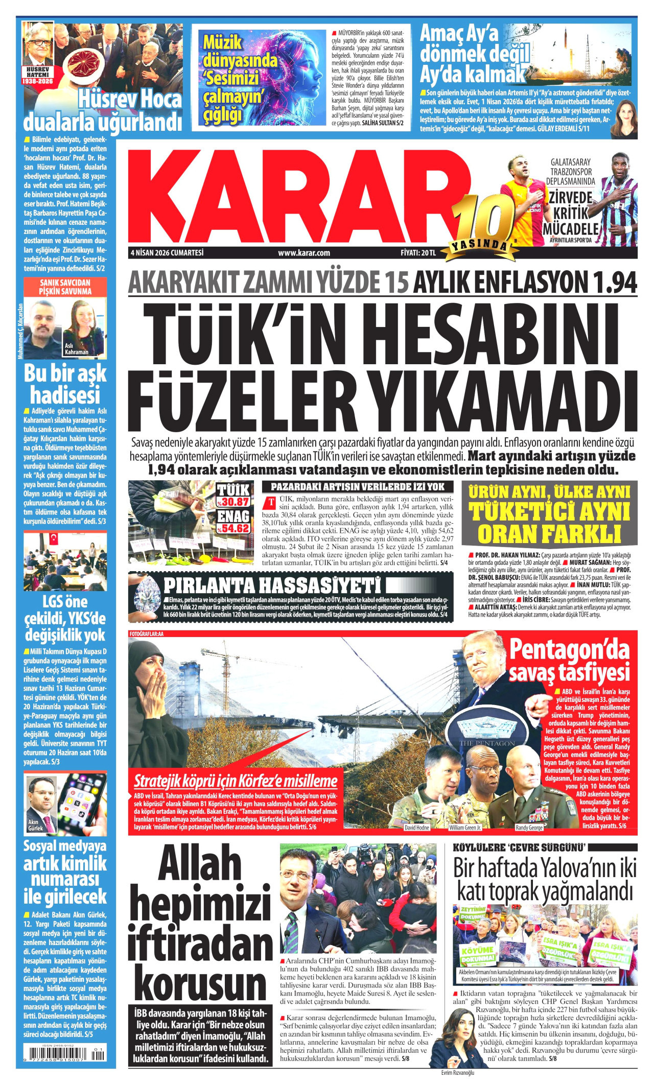 KARAR gazetesinin 4 Nisan 2026 tarihli birinci sayfası