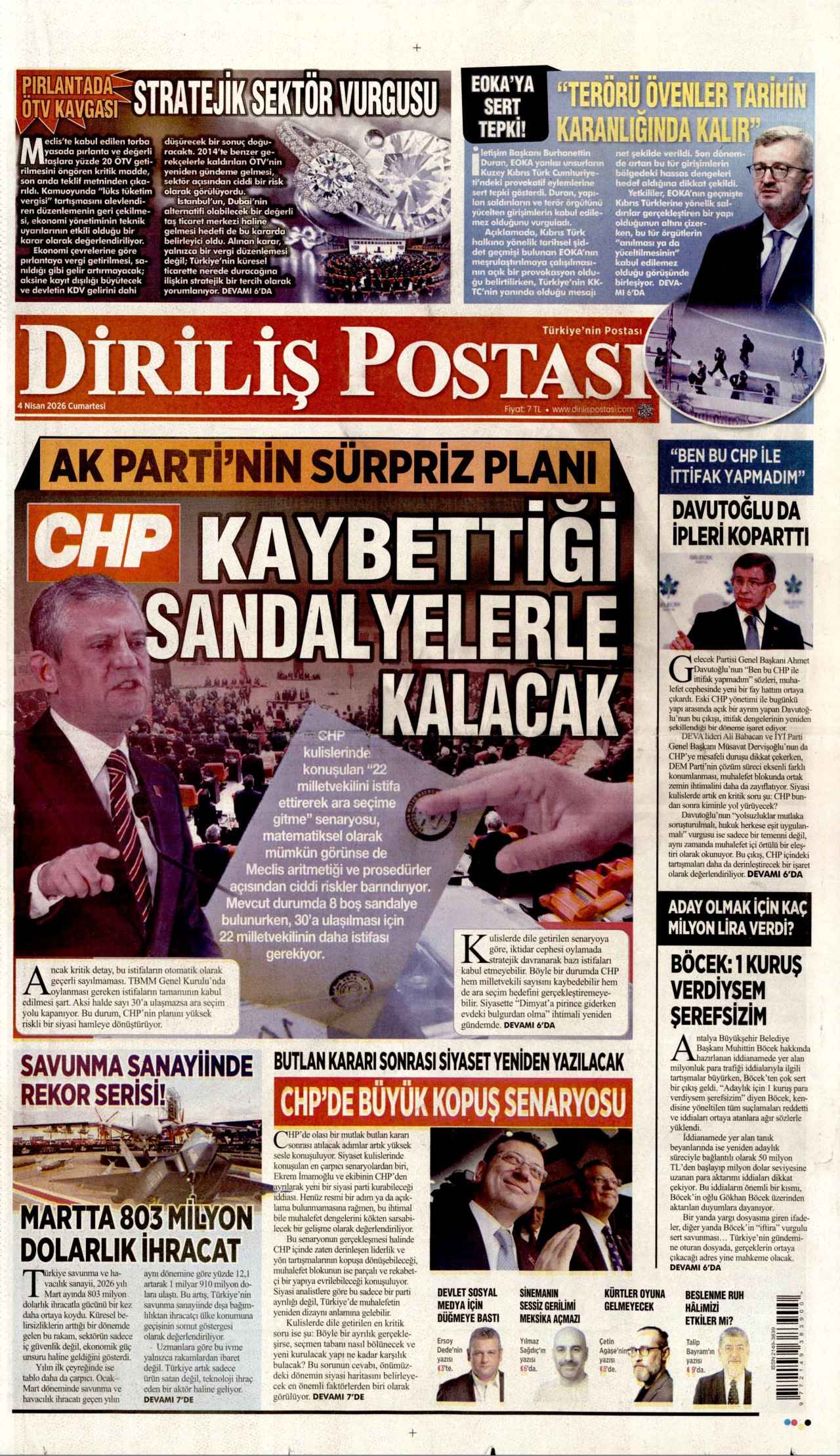 DİRİLİŞ POSTASI gazetesinin 4 Nisan 2026 tarihli birinci sayfası
