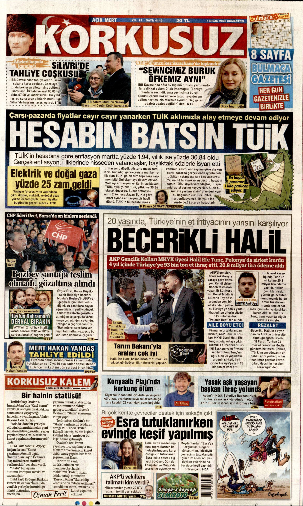 KORKUSUZ gazetesinin 4 Nisan 2026 tarihli birinci sayfası
