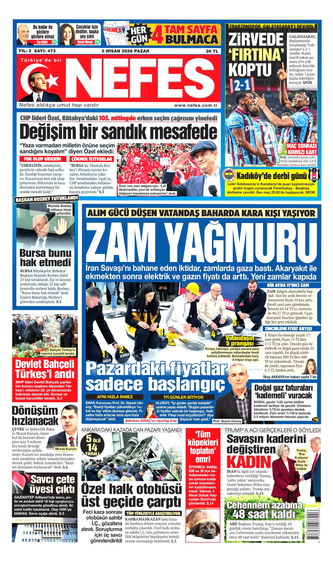NEFES gazetesinin 5 Nisan 2026 tarihli birinci sayfası