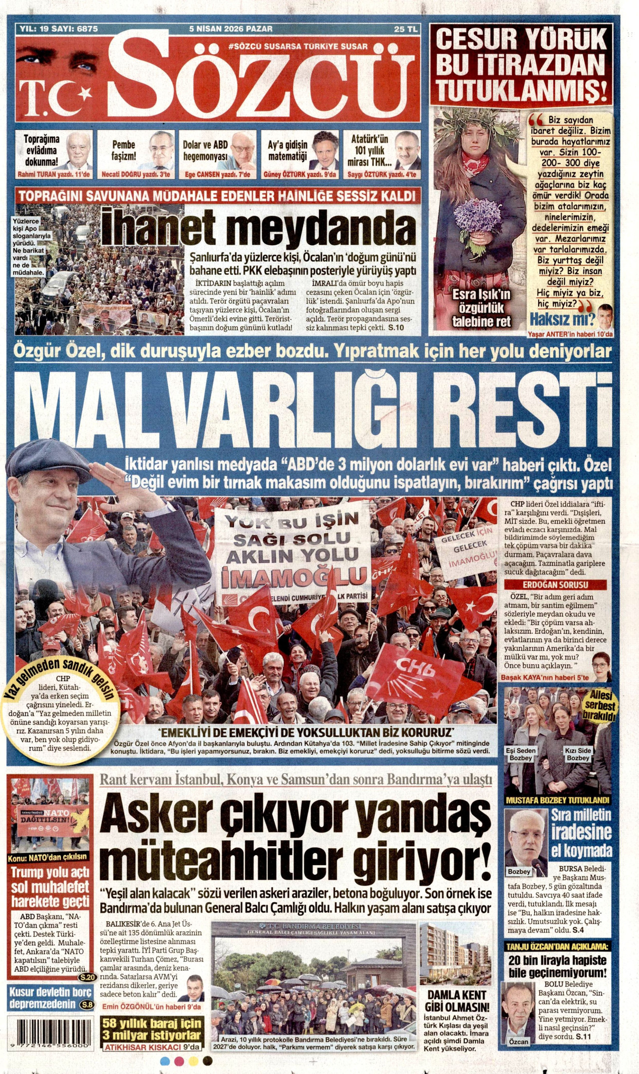 SÖZCÜ gazetesinin 5 Nisan 2026 tarihli birinci sayfası