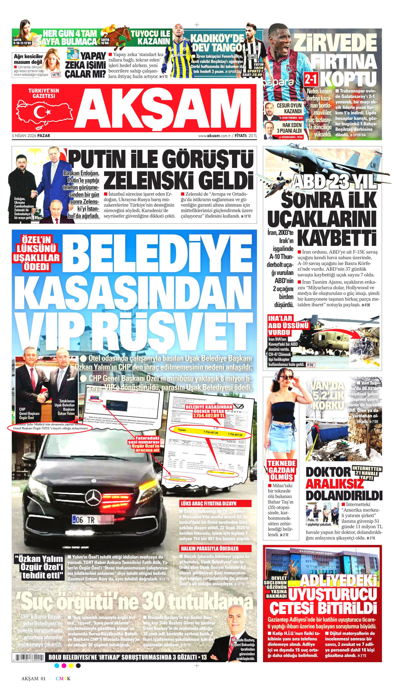AKŞAM gazetesinin 5 Nisan 2026 tarihli birinci sayfası