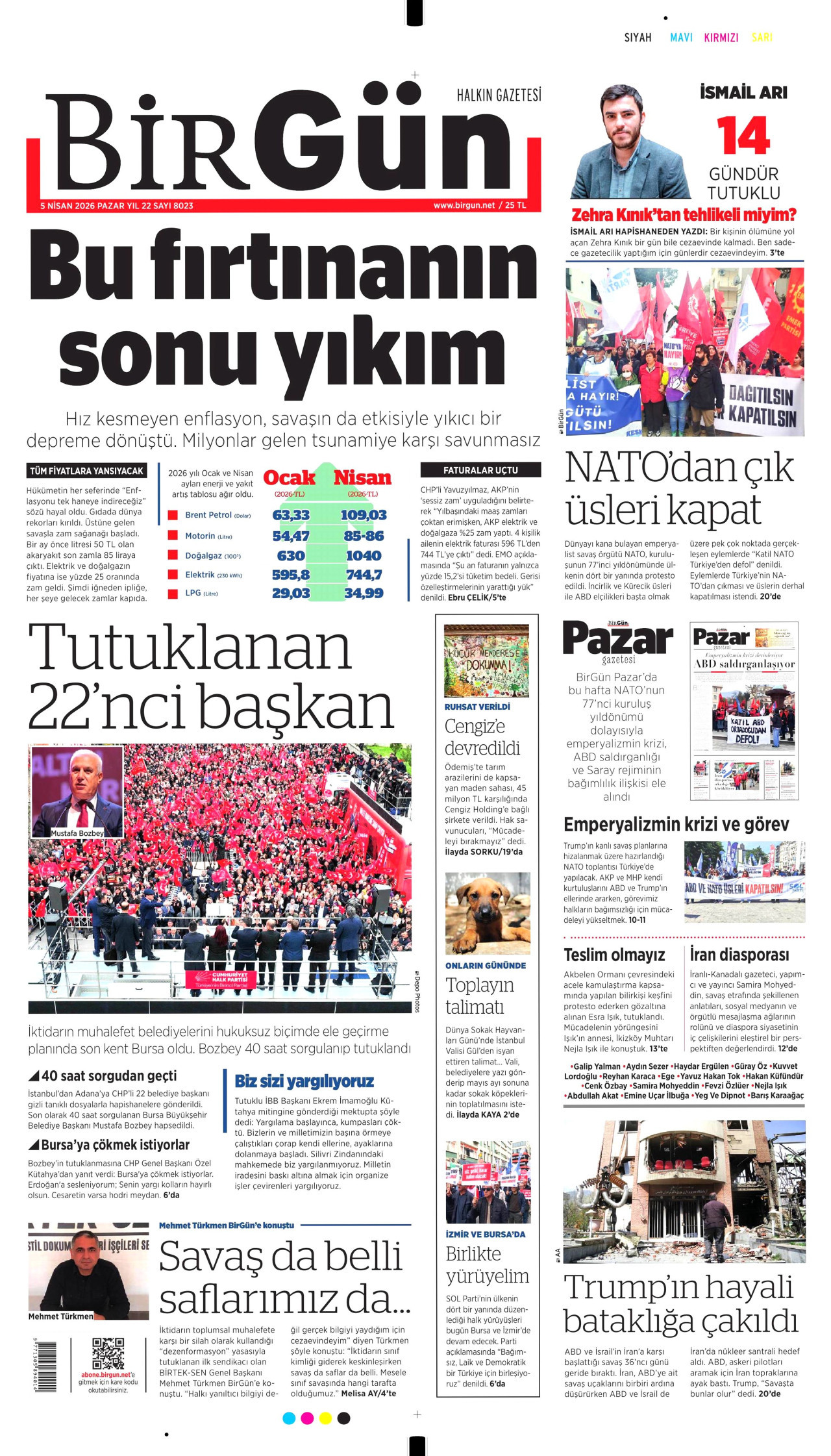 BİRGÜN gazetesinin 5 Nisan 2026 tarihli birinci sayfası