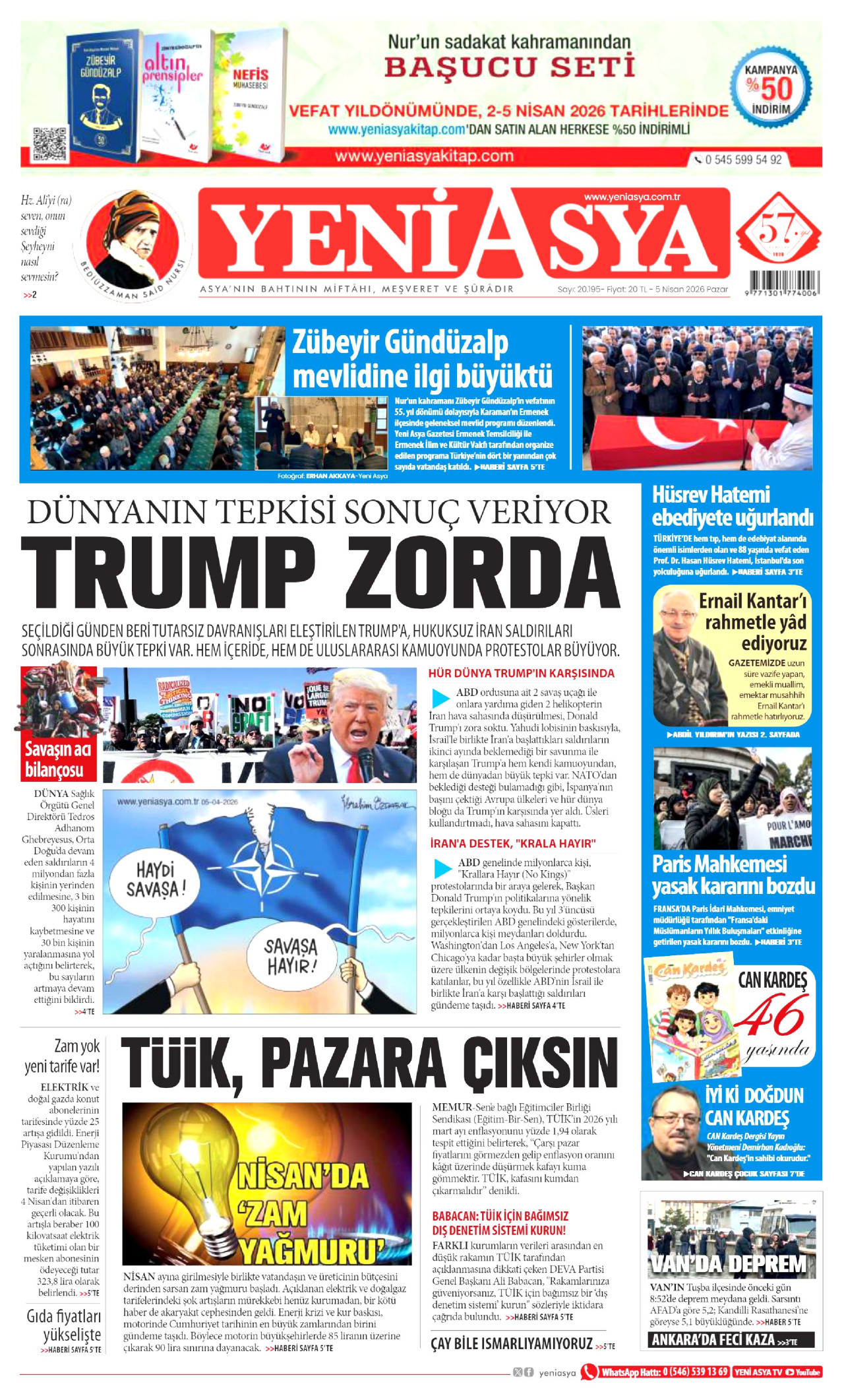 YENİ ASYA gazetesinin 5 Nisan 2026 tarihli birinci sayfası