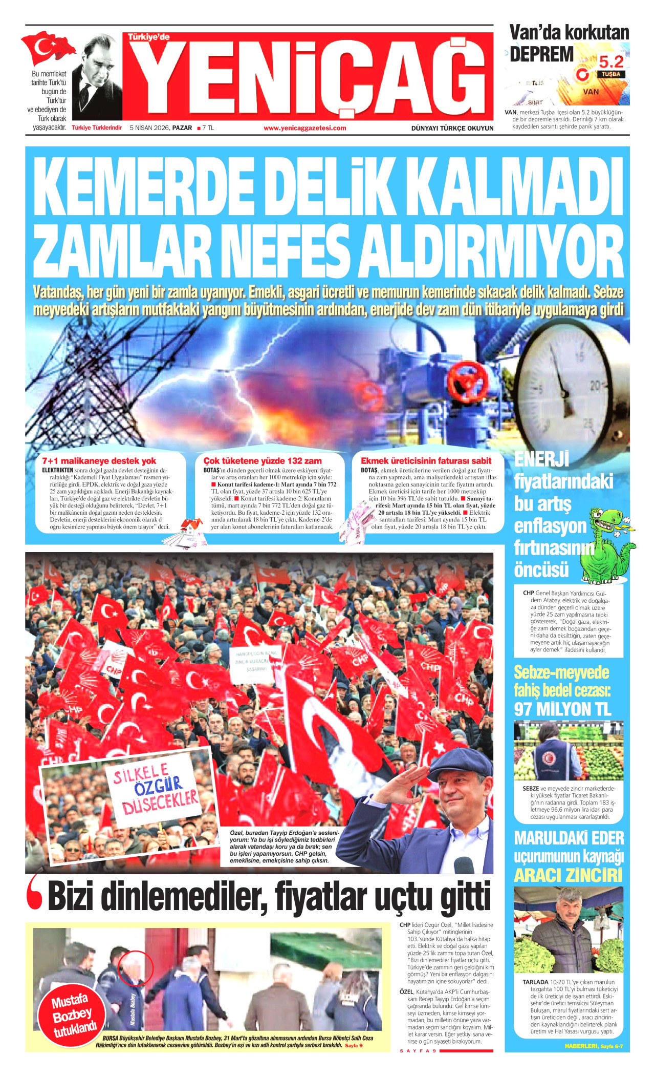 YENİÇAĞ gazetesinin 5 Nisan 2026 tarihli birinci sayfası