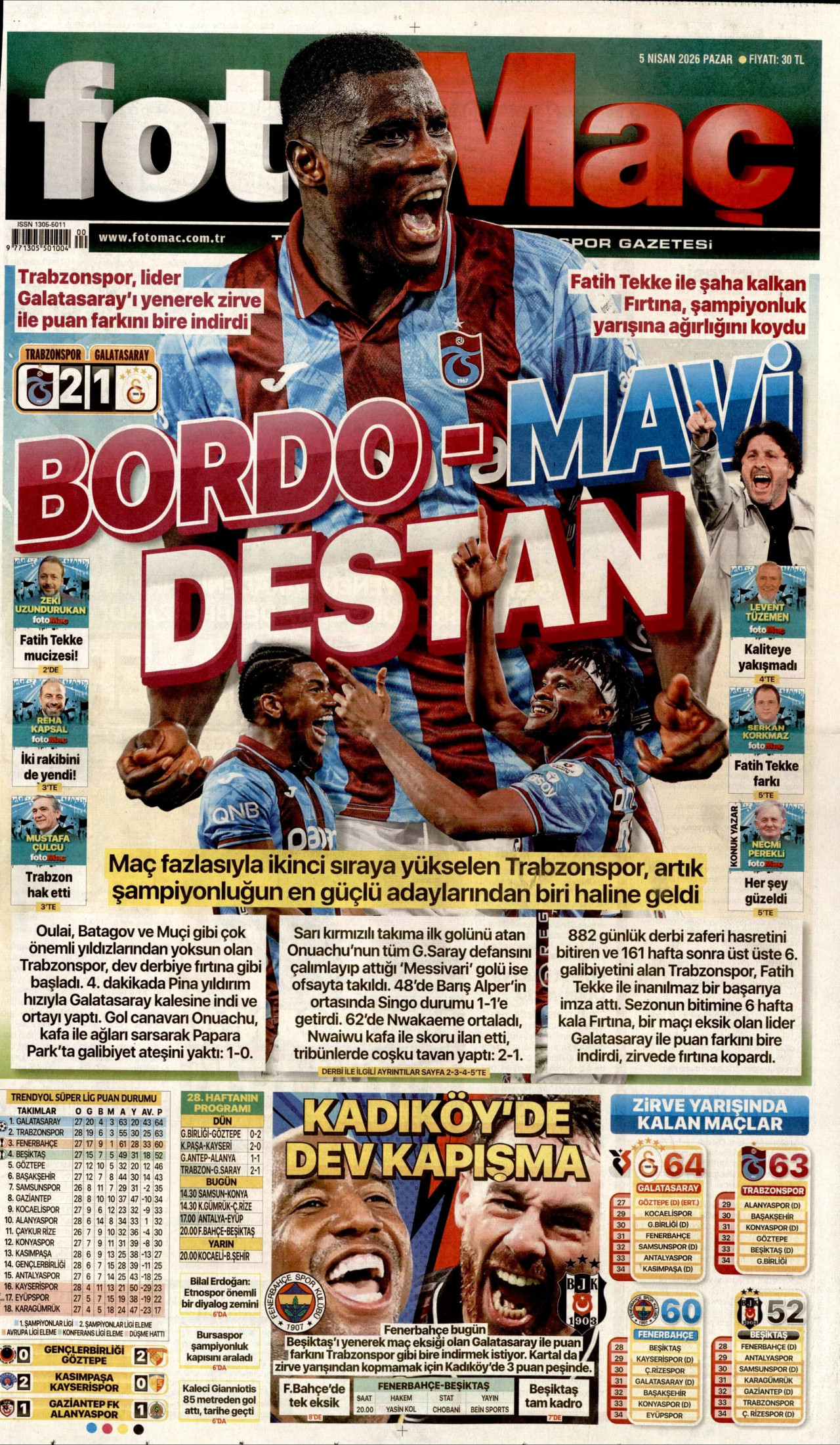 FOTOMAÇ gazetesinin 5 Nisan 2026 tarihli birinci sayfası