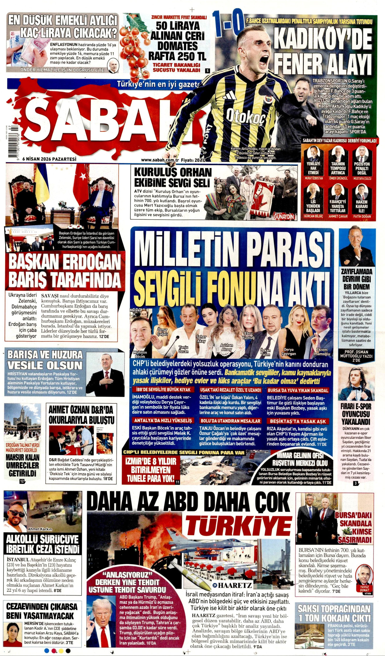 SABAH gazetesinin 6 Nisan 2026 tarihli birinci sayfası