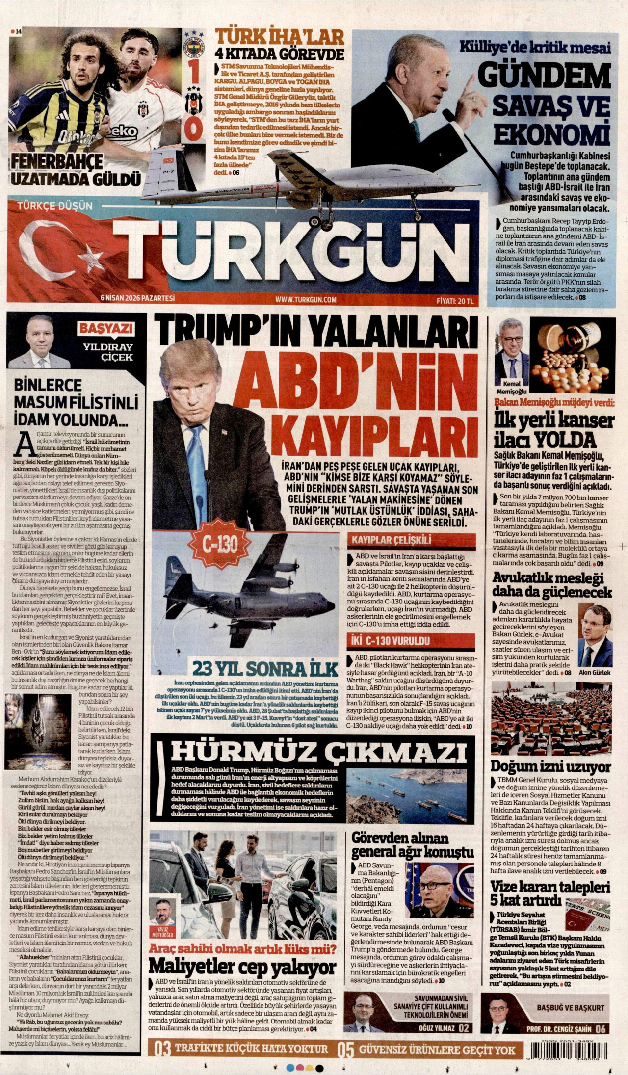 TÜRKGÜN gazetesinin 6 Nisan 2026 tarihli birinci sayfası