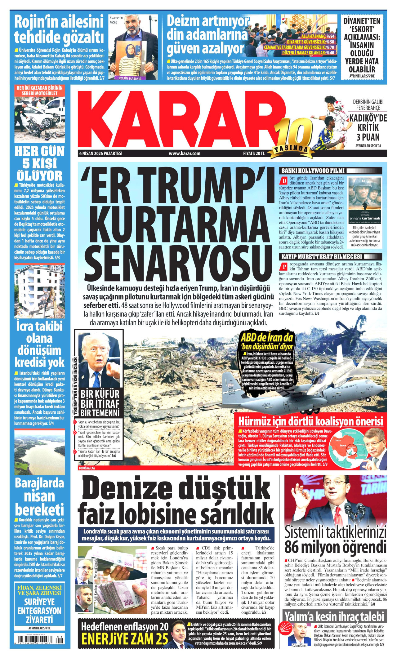 KARAR gazetesinin 6 Nisan 2026 tarihli birinci sayfası