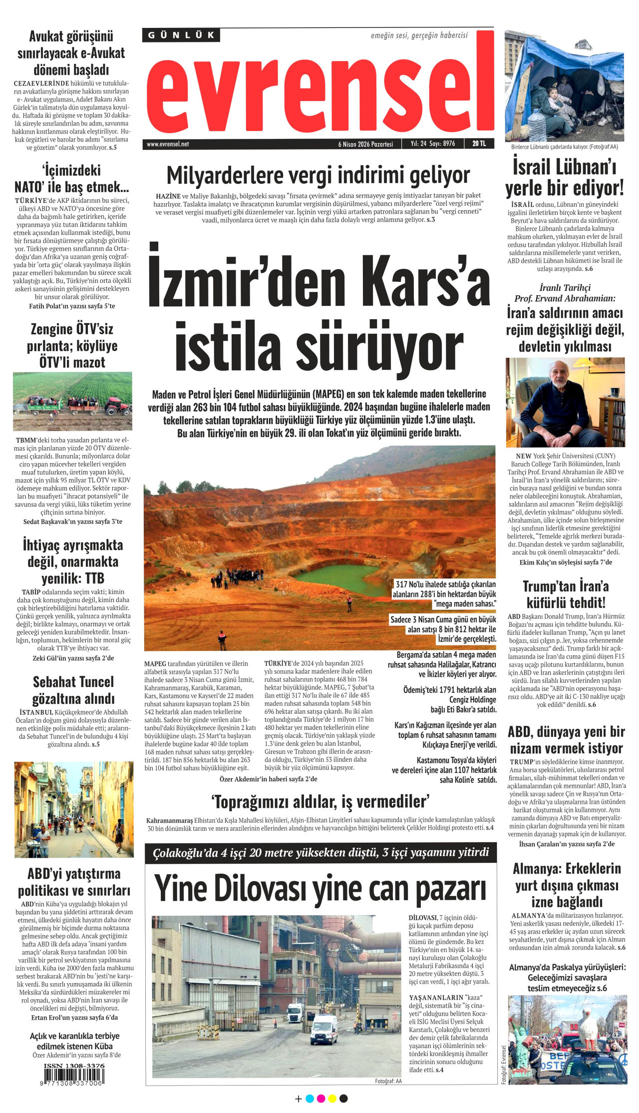 EVRENSEL gazetesinin 6 Nisan 2026 tarihli birinci sayfası