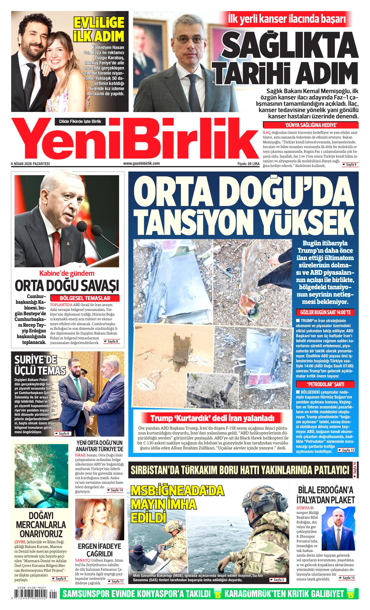 YENİBİRLİK gazetesinin 6 Nisan 2026 tarihli birinci sayfası