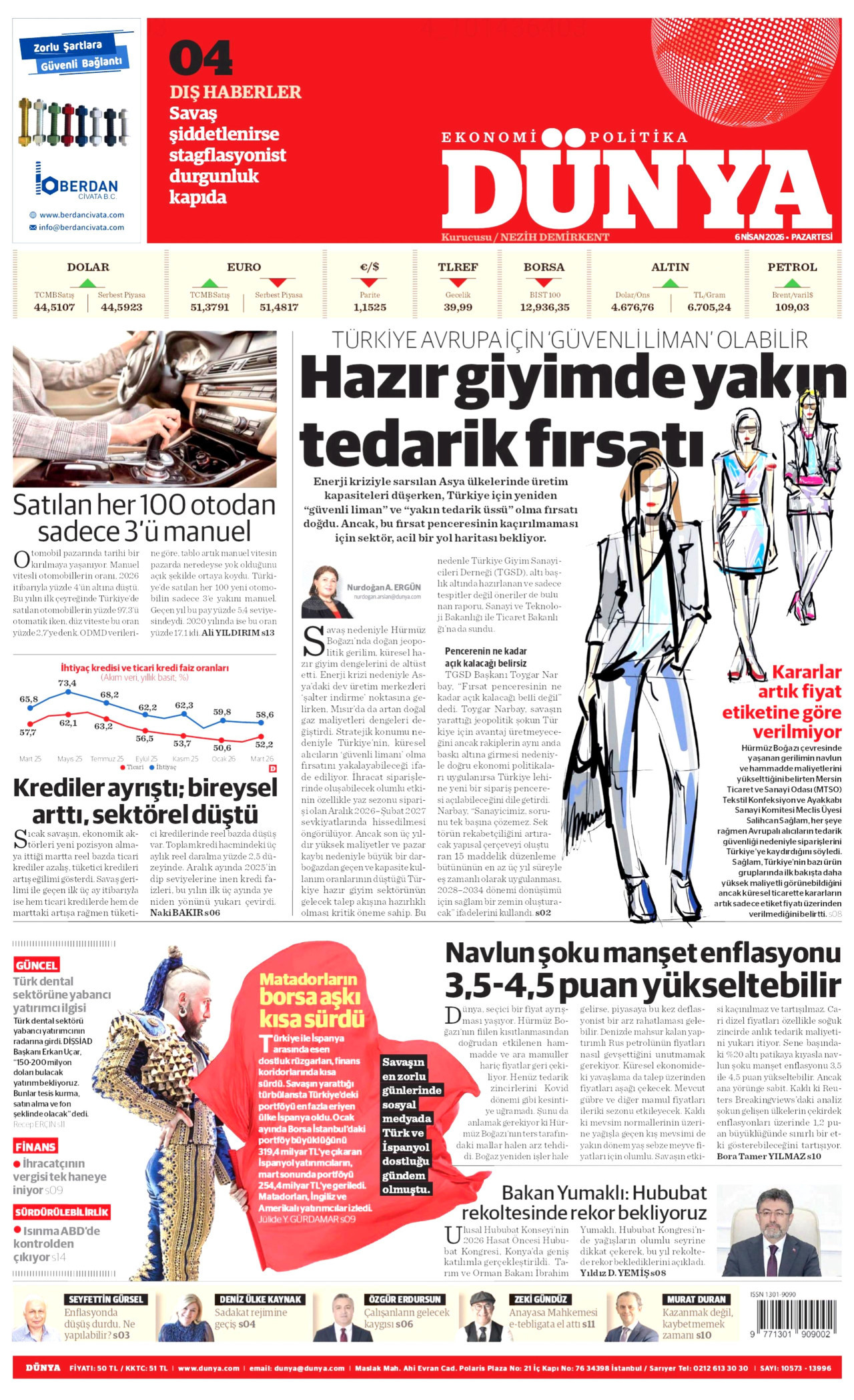 DÜNYA gazetesinin 6 Nisan 2026 tarihli birinci sayfası