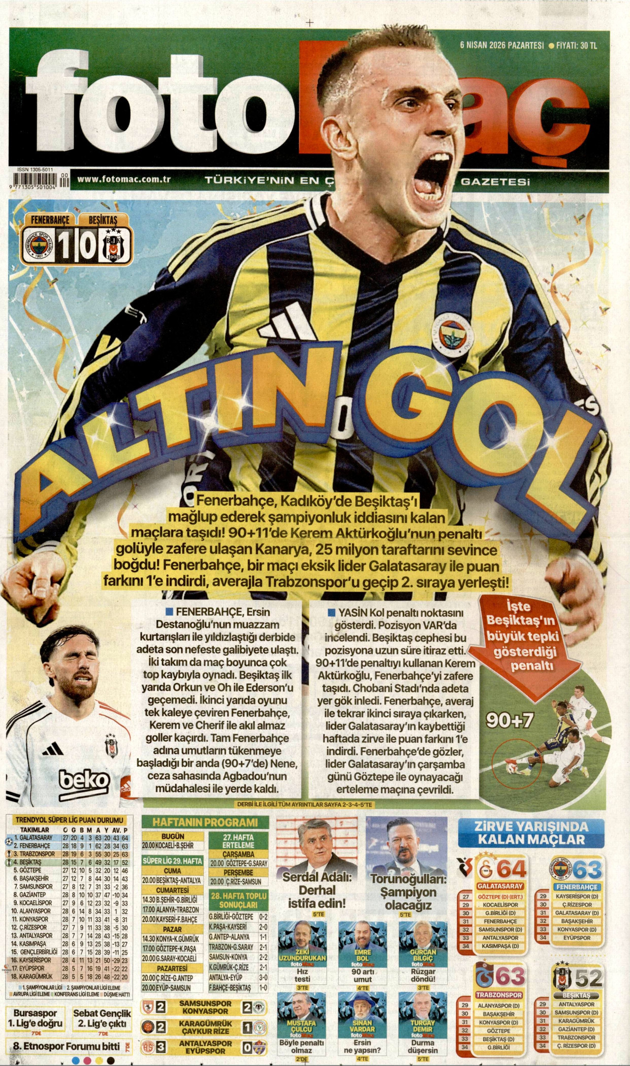 FOTOMAÇ gazetesinin 6 Nisan 2026 tarihli birinci sayfası