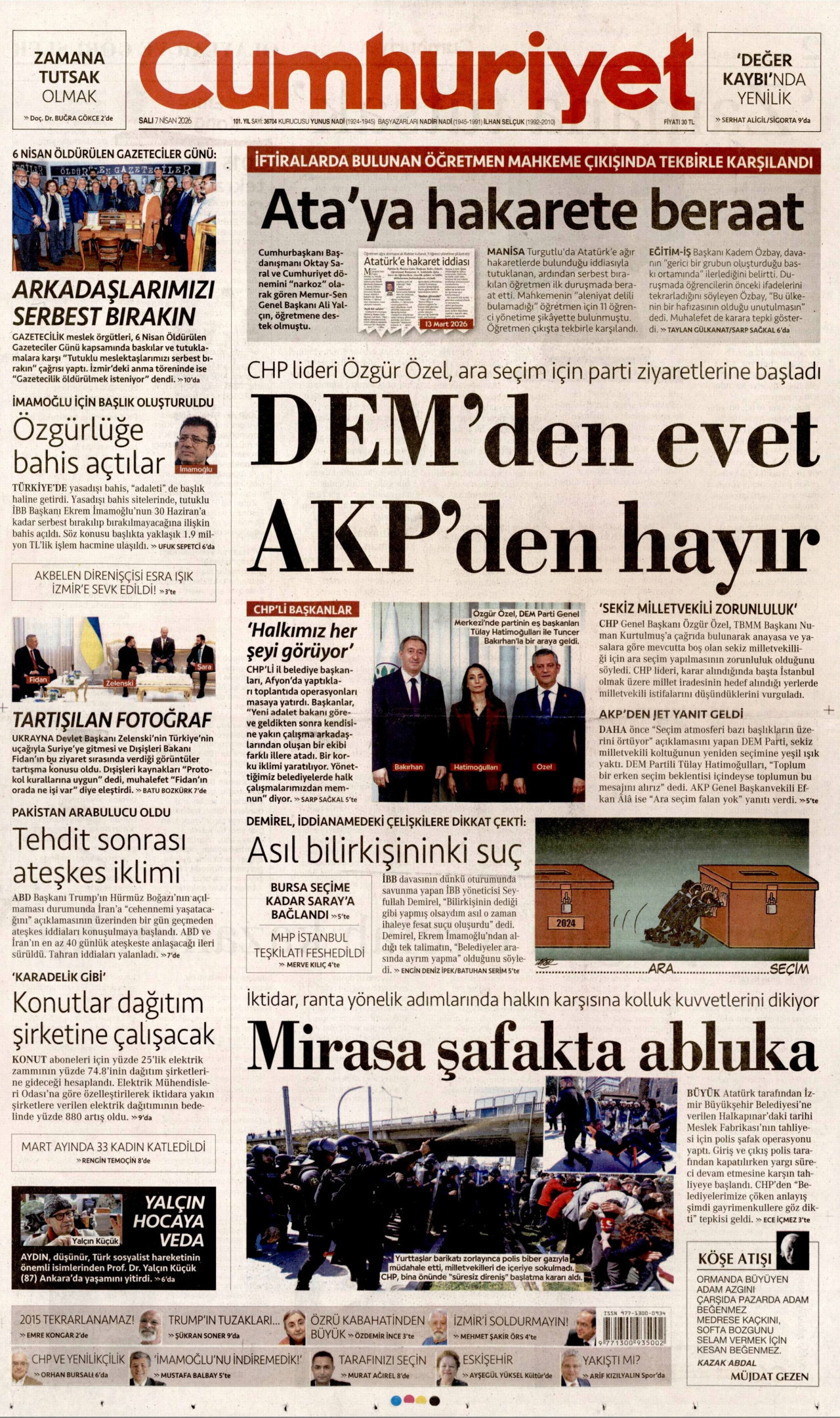 CUMHURİYET gazetesinin 7 Nisan 2026 tarihli birinci sayfası