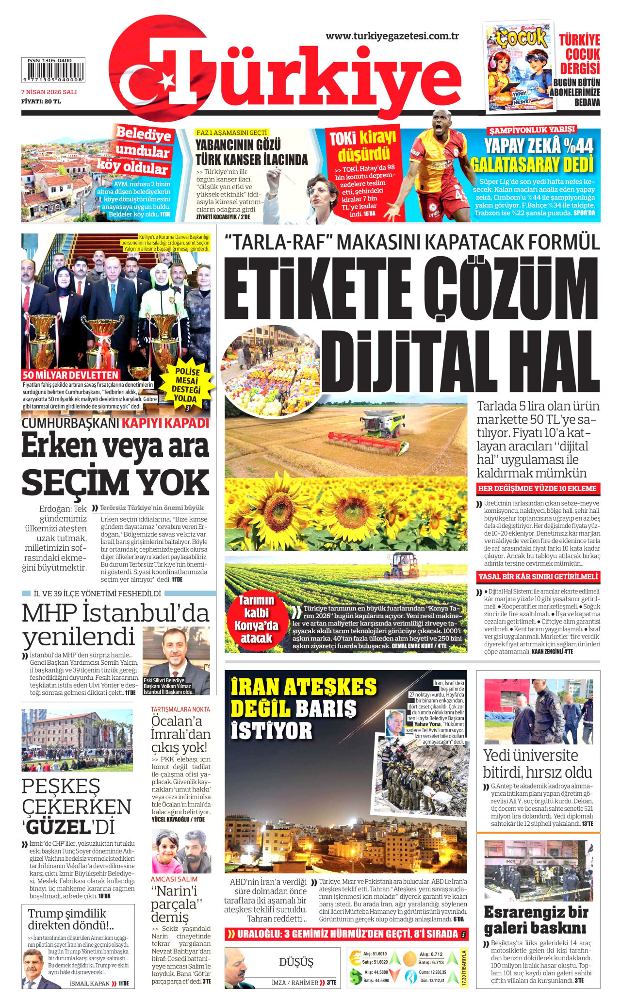 TÜRKİYE GAZETESİ gazetesinin 7 Nisan 2026 tarihli birinci sayfası