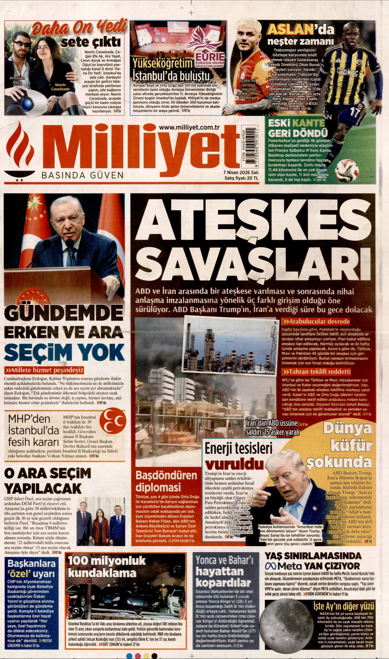 MİLLİYET gazetesinin 7 Nisan 2026 tarihli birinci sayfası