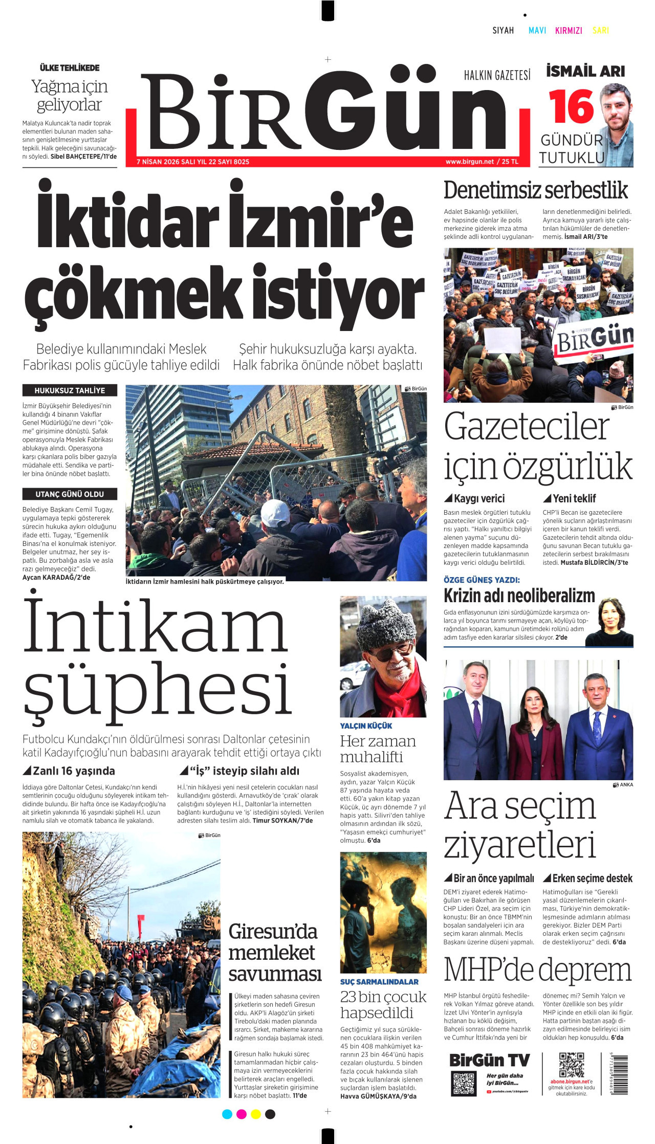 BİRGÜN gazetesinin 7 Nisan 2026 tarihli birinci sayfası