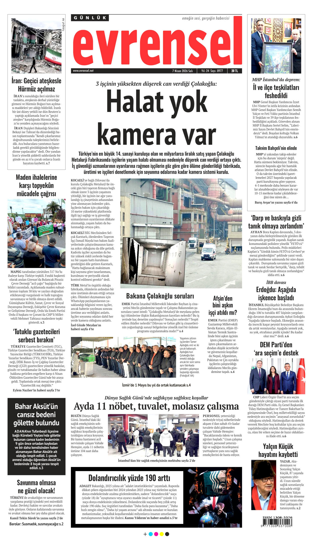 EVRENSEL gazetesinin 7 Nisan 2026 tarihli birinci sayfası